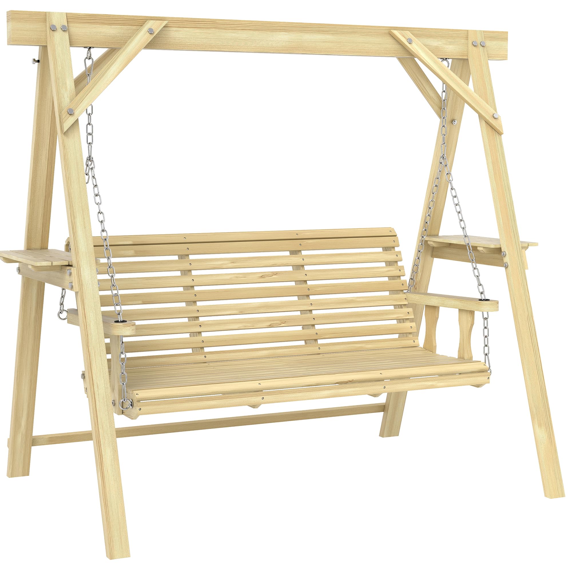 Rackhams 3 Seater Wooden Garden Swing Chair With Side Tables