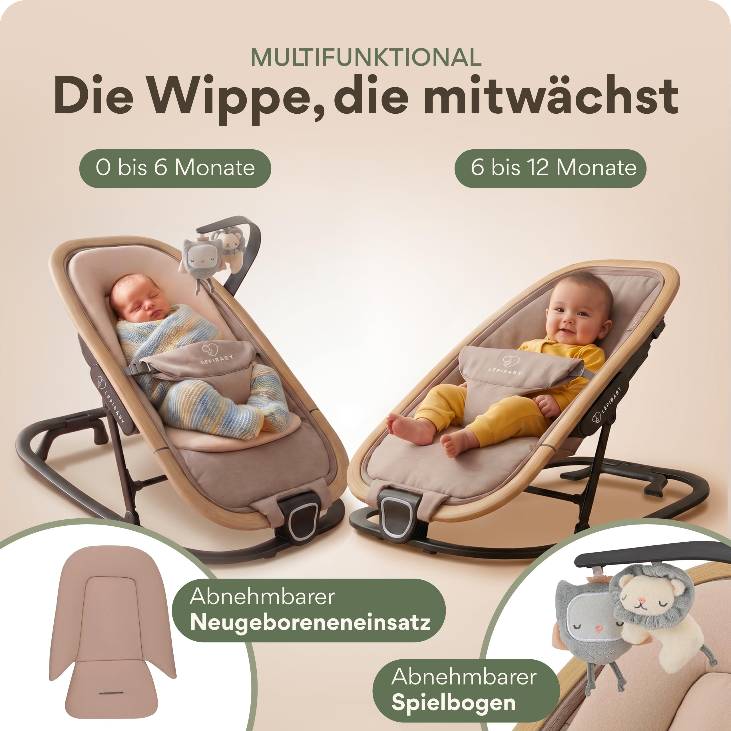 Babywippe Neugeborene, 0 bis 12 Monate, Baby Wippe, Baby Bouncer | Faltbarer Baby Rocker, Babyschaukel mit Spielbogen, Verstellbare Babywiege, Baby Schaukel leicht waschbar, FlexiBu Beige