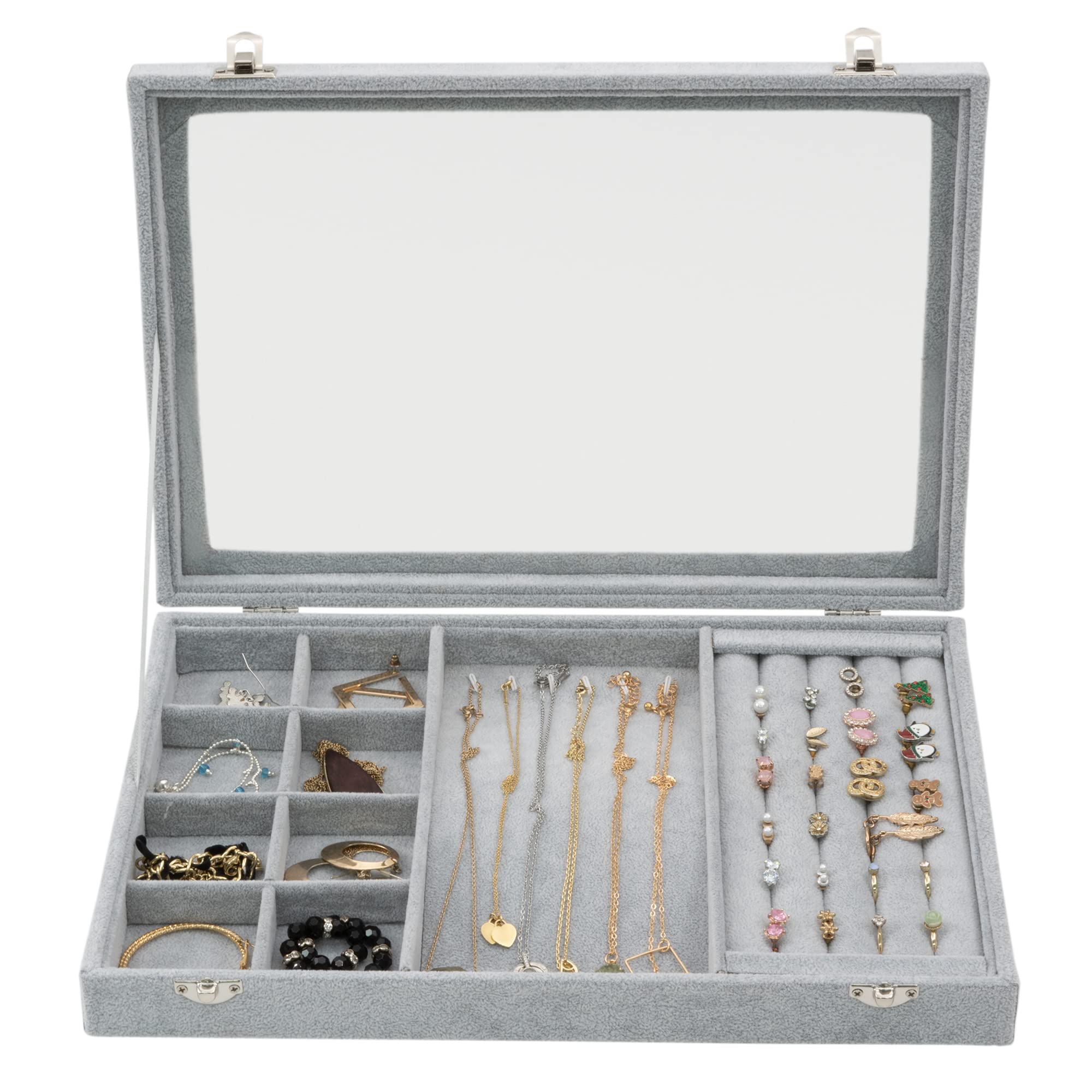 Sasha Morel Jewellery Box | 3 in 1 Jewellery Tray | Soft Ice Velvet Display Case | Lockable Storage Box with Clear Lid | Display Tray for Ring, Earring, Necklace Organiser Storage