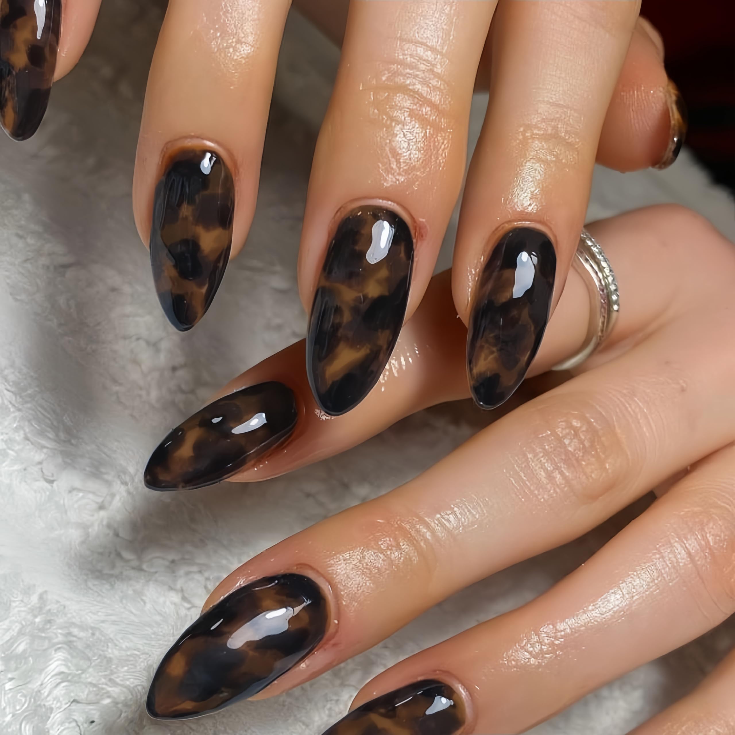 SXVME Fall Press on Nails with Leopard Design, Dark Brown False Nails Almond Medium - Image 3