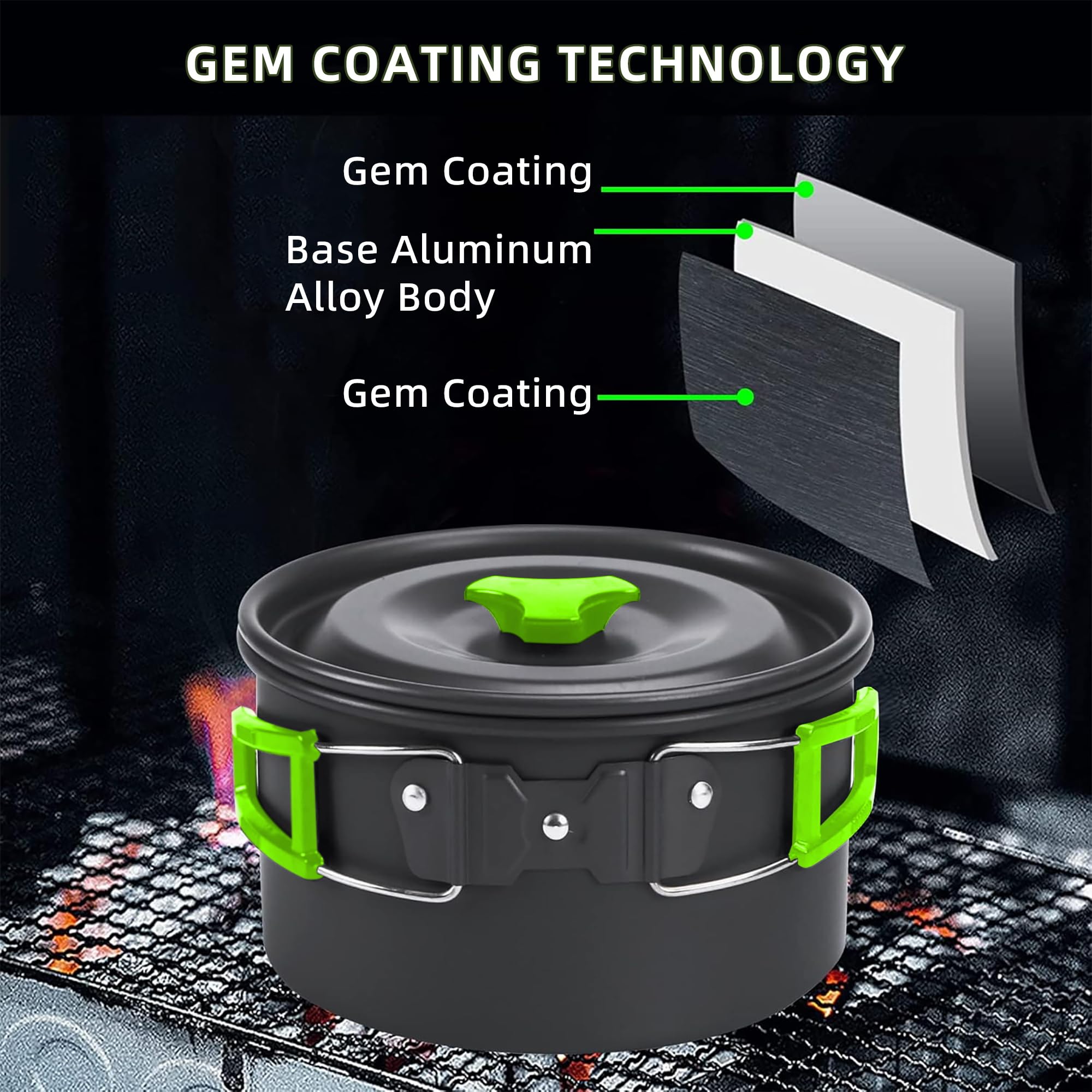 AiGear Kit Cuisine Camping 12 Pièces Aluminium Vert - Batterie De Cuisine Légère Et Durable Pour Randonnée, Pique-Nique 1-2 Personnes