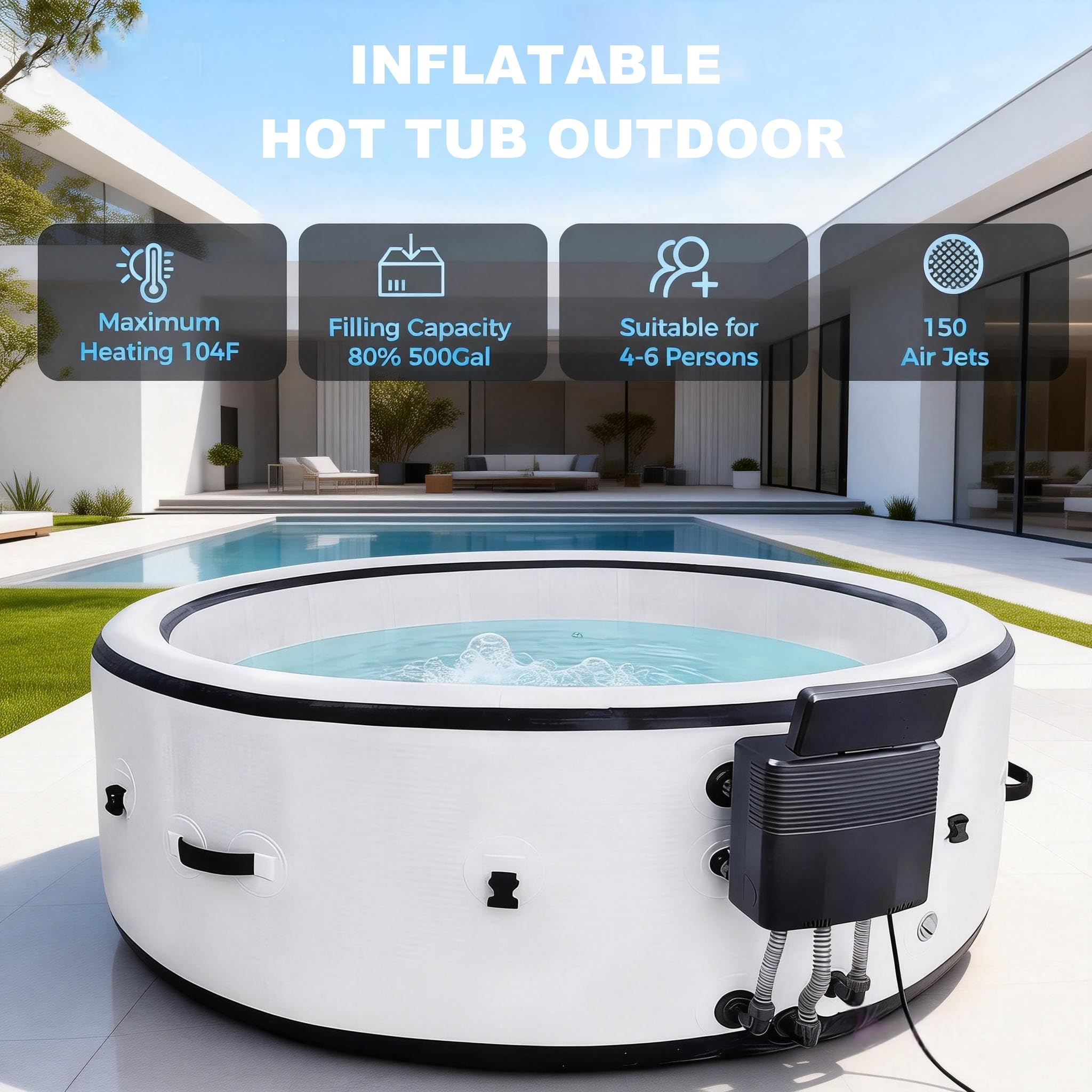 Nadmuchiwana wanna z hydromasażem, Bubble Spa z 180 dyszami, przenośna dla 4-7 osób na zewnątrz podwórko patio