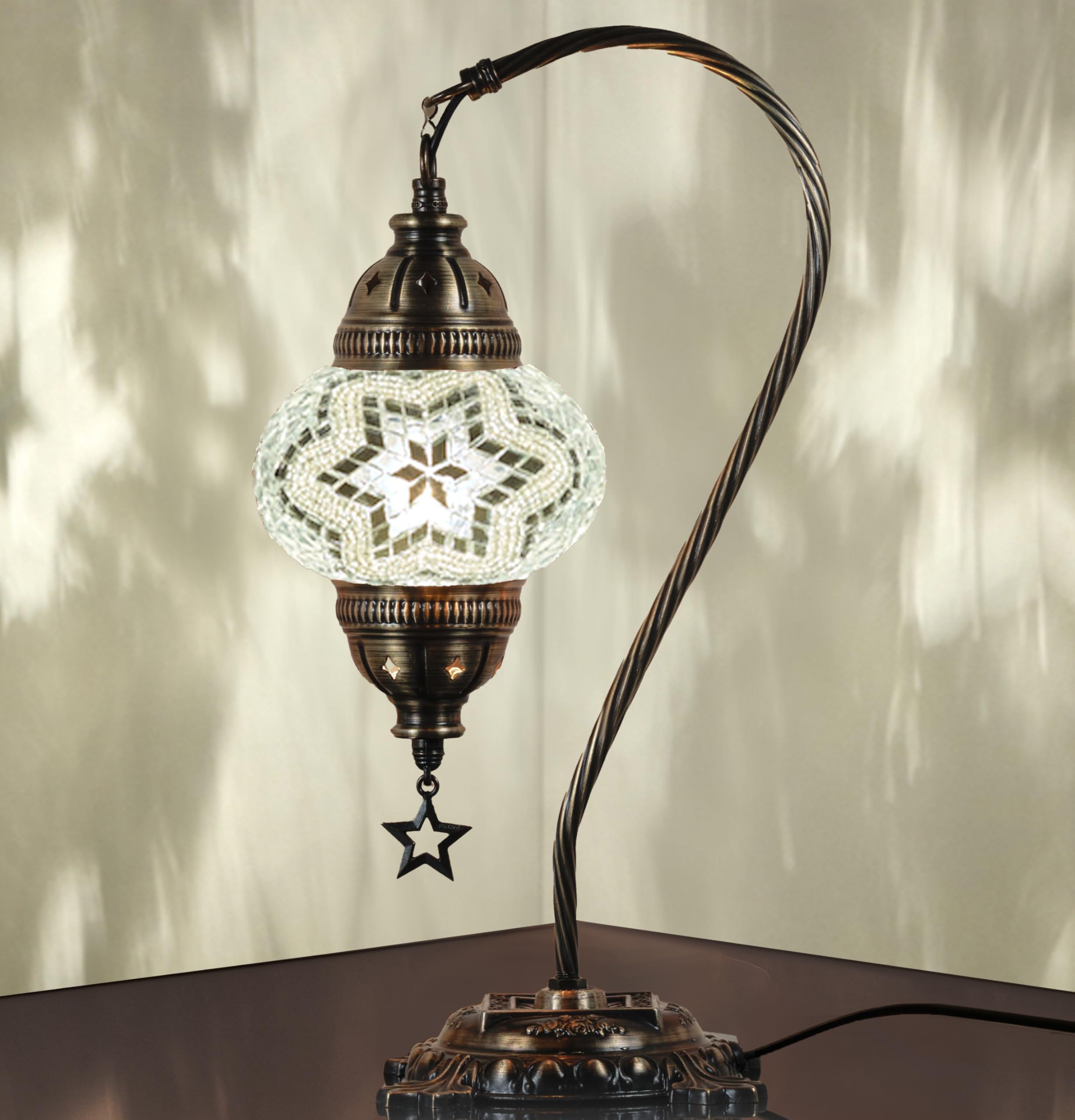 DEMMEX Turkish Moroccan Mosaic Table Lamp – Handcrafted Tiffany-Style Colorful Glass Swan Neck Bedside, Desk, Table Light, Boho Artisan Accent Lighting for Bedroom or Living Room – 15" H, White Clear