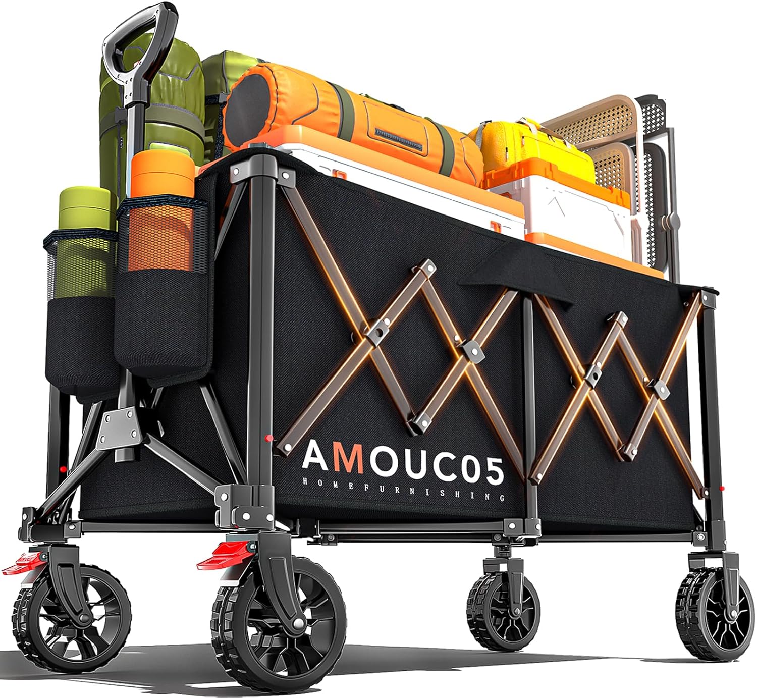 AMADA HOMEFURNISHING Wagons Carts Foldable, Collapsible Wagon with 360° Rotating Wheels and Side Pocket, Large Capacity 350LBS Foldable Wagon Cart for Shopping, Garden, Camping,Sports and Outdoor Use