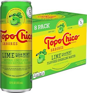 Topo Chico Sabores Lime with Mint Extract Sparkling Water, 12 fl oz, 8 Pack | Cans of flavored bubbly water with minerals and real fruit juice, no added sugar