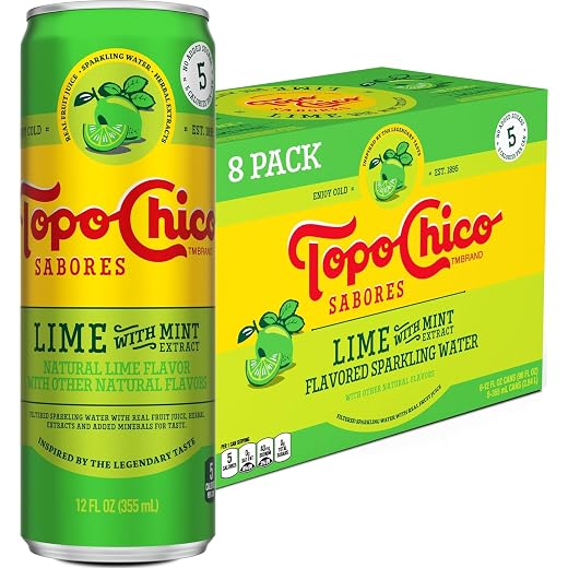 Topo Chico Sabores Lime with Mint Extract Sparkling Water, 12 fl oz, 8 Pack | Cans of flavored bubbly water with minerals and real fruit juice, no added sugar