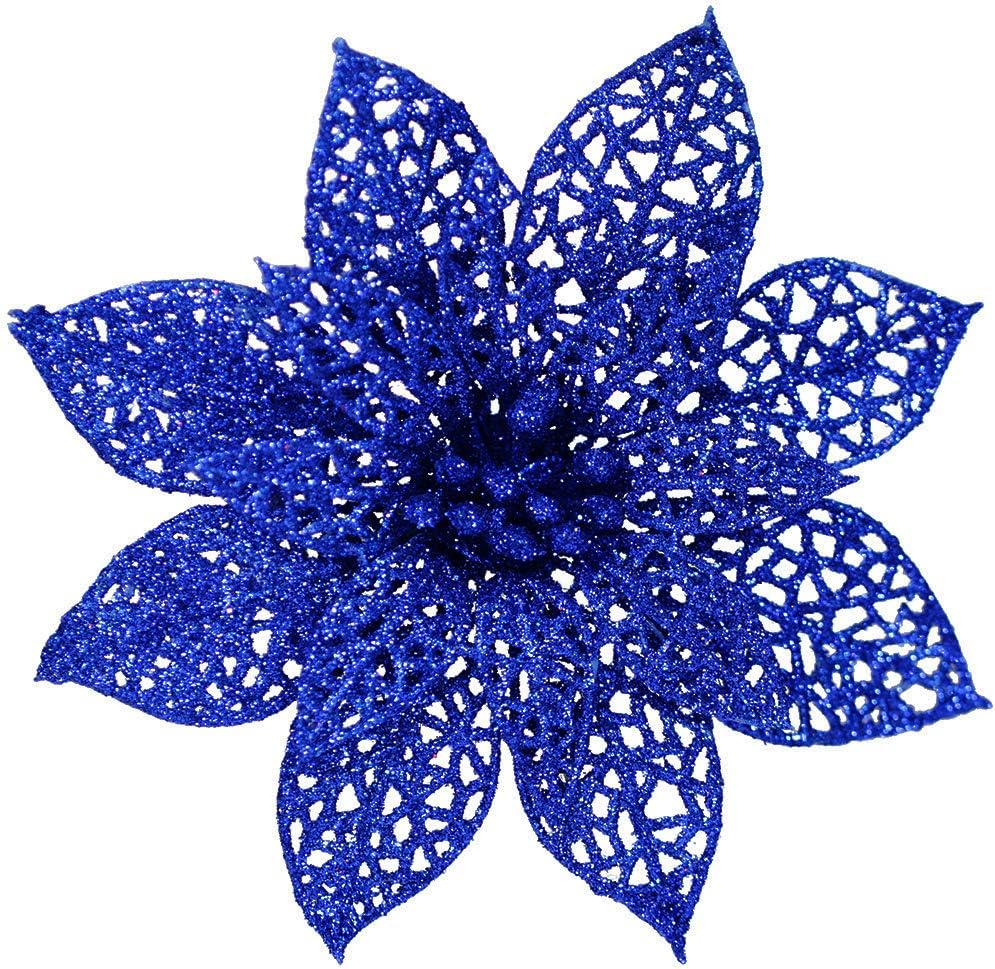 24 Pack Christmas Blue Glitter Poinsettia Flowers Picks