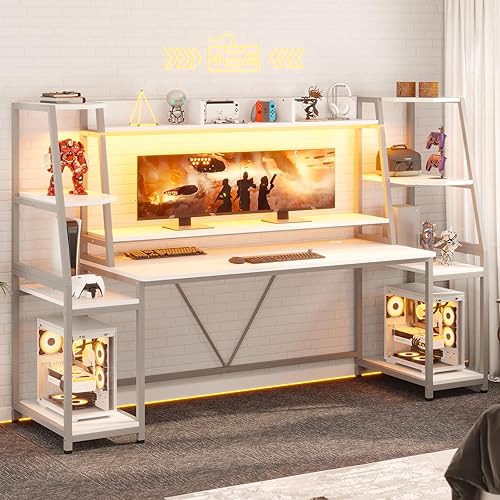 Miniatura 10 de SEDETA Escritorio blanco para juegos de 65.7 pulgadas con luces LED, gabinete y estantes de almacenamiento, escritorio para computadora con soporte
