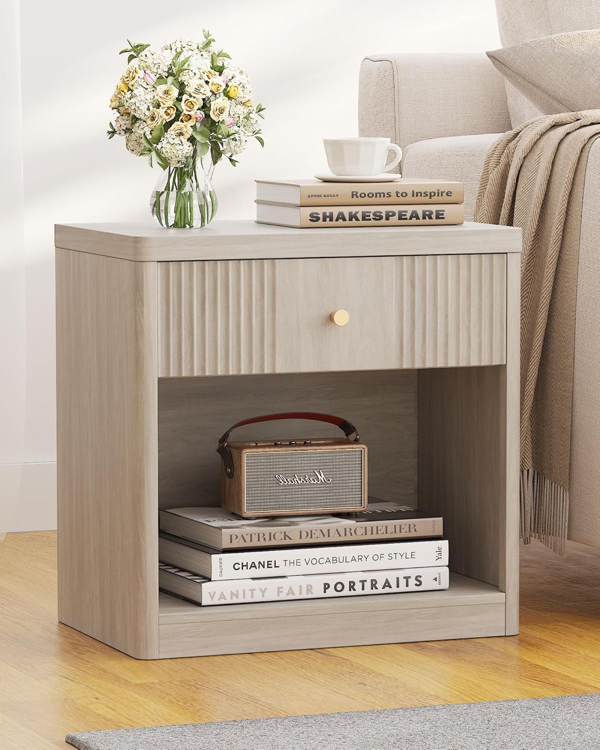 Night Stand Set of 2 Nightstands with Drawer, Large Modern Fluted Bedside Table Bed Side Table End Table with Storage for Bedroom, Living Room, Sofa, Office,White Alder