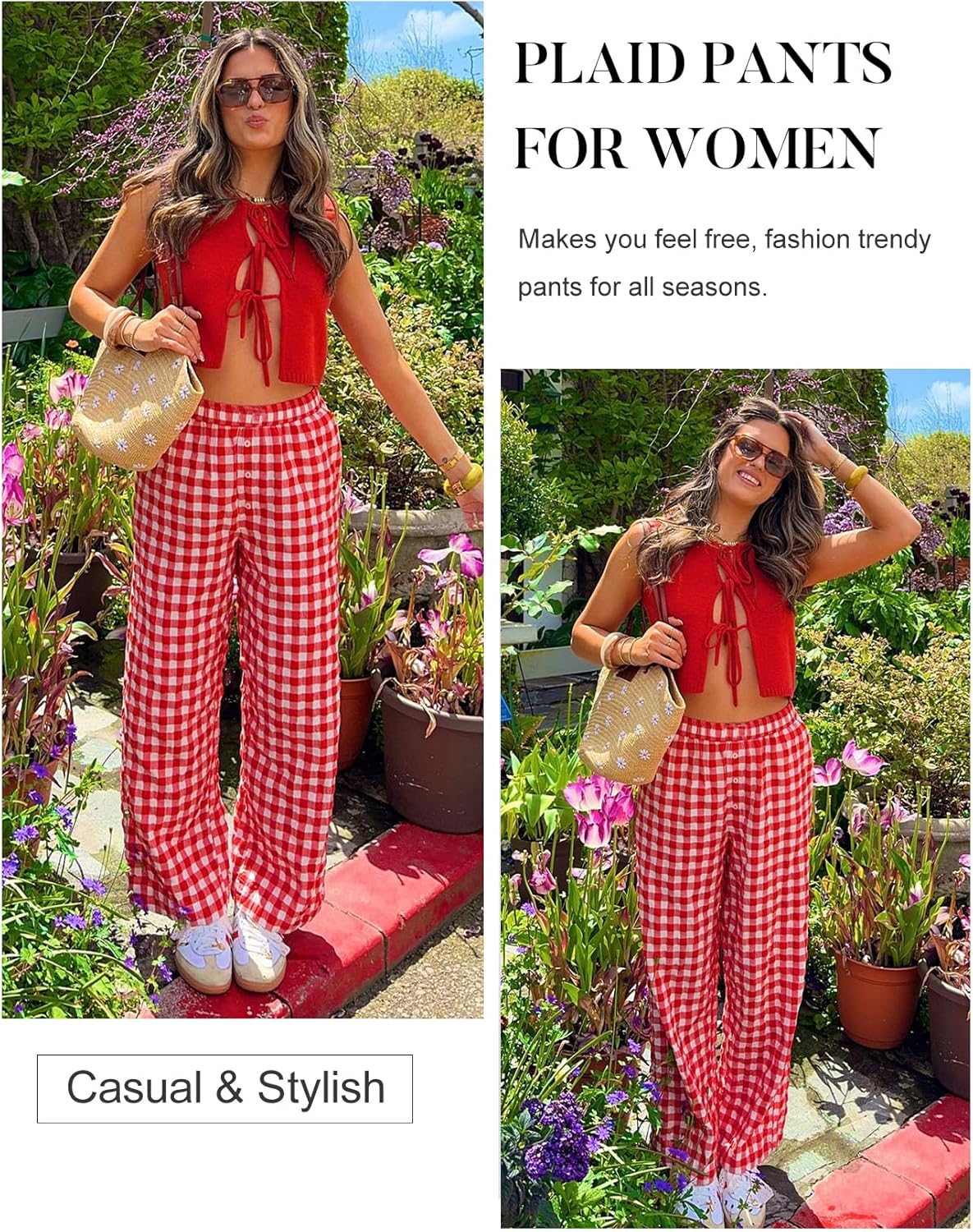 Flygo Womens Pajama Pants Wide Leg Gingham Lounge Pants Plaid Cotton Pajama Bottoms with Pockets - Image 2