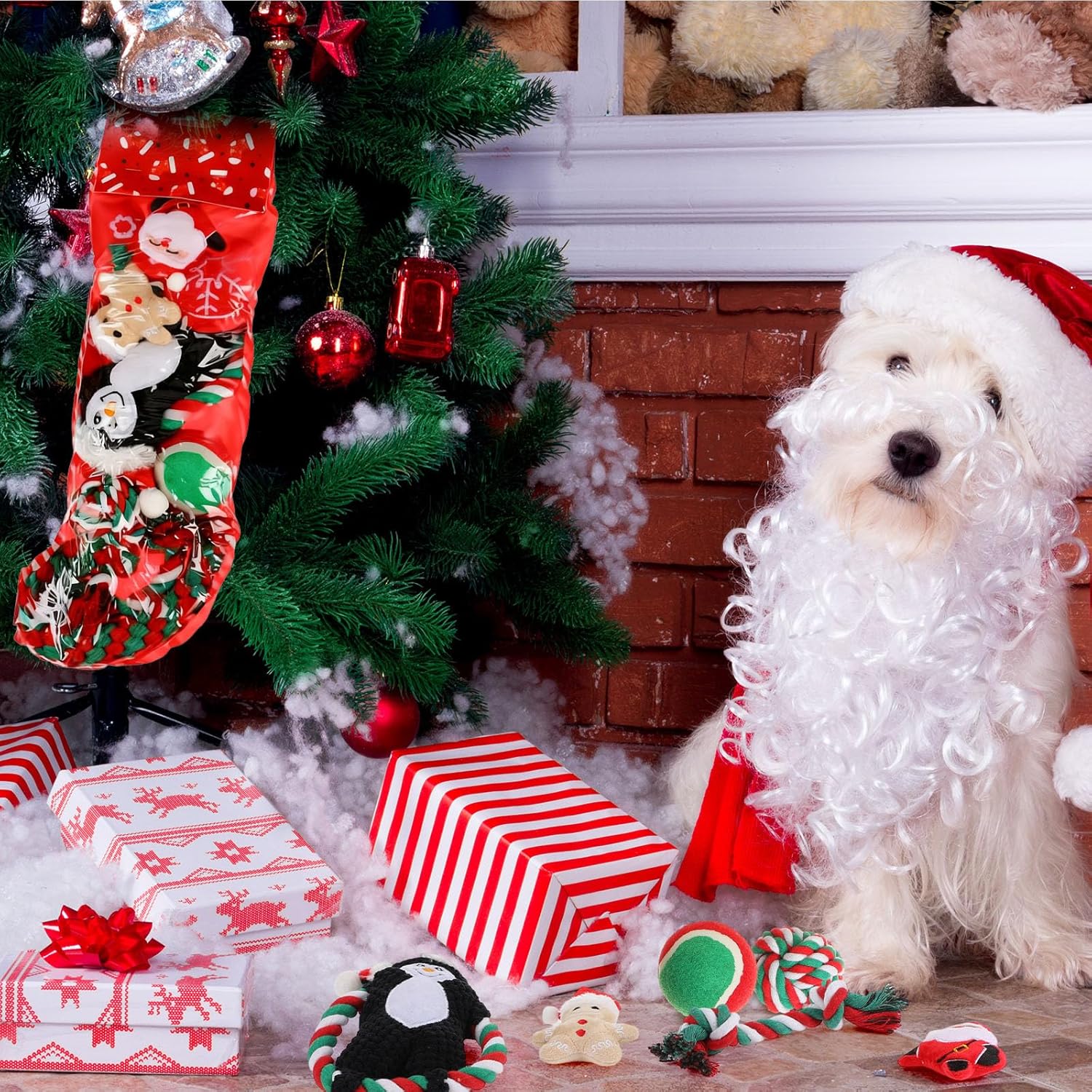 10 Pieces Christmas Dog Toys Gifts Dog Christmas Stocking Stuffers with Assorted Toys for Puppy Prefilled Chew Rope Toys for Teething for Small and Medium Dogs(Bright Style)