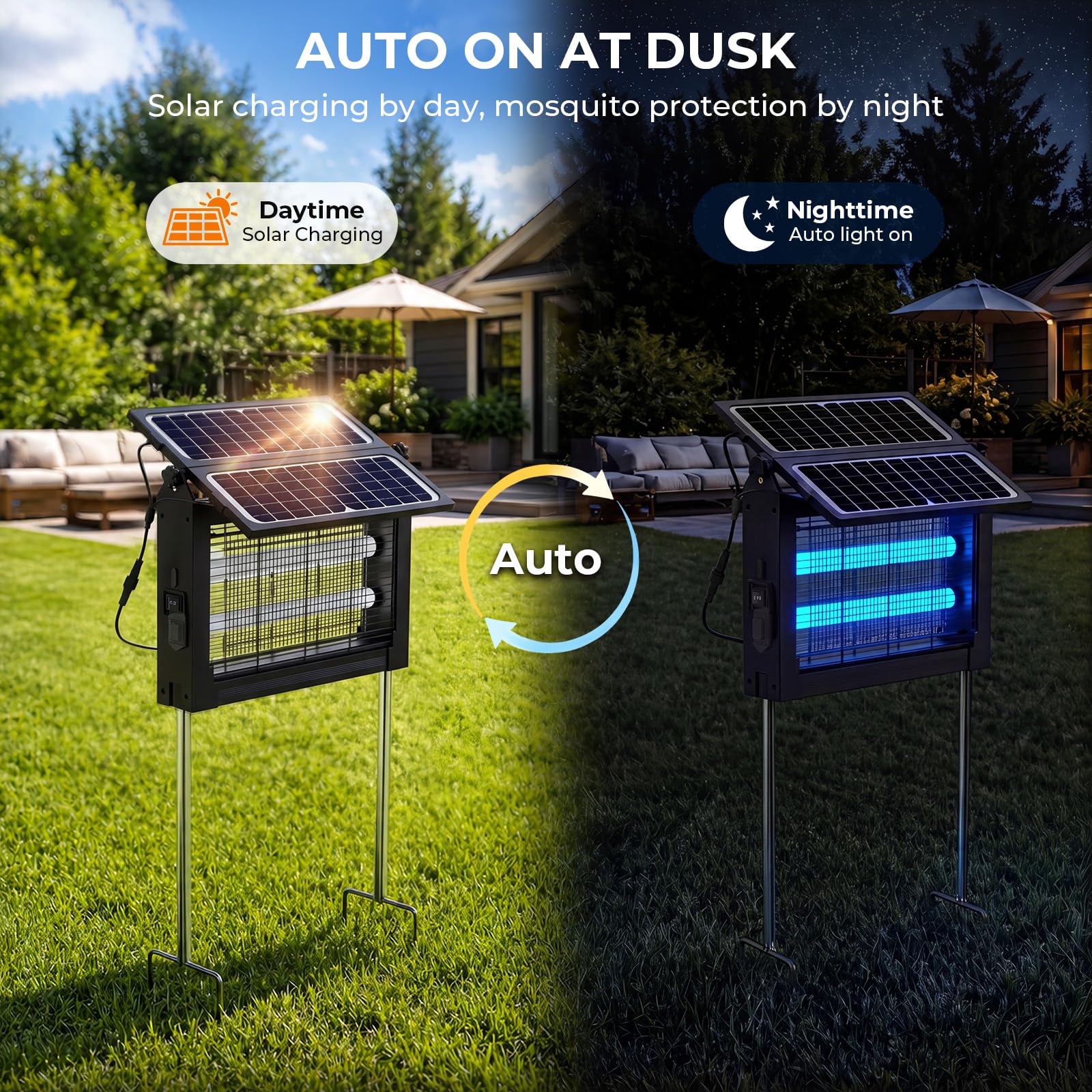 Eliminador de insectos para exteriores con panel solar grande, 4500 V, exterminador de mosquitos al aire libre, 4000 mAh, recargable, matamoscas inalámbrico, impermeable para patio, jardín