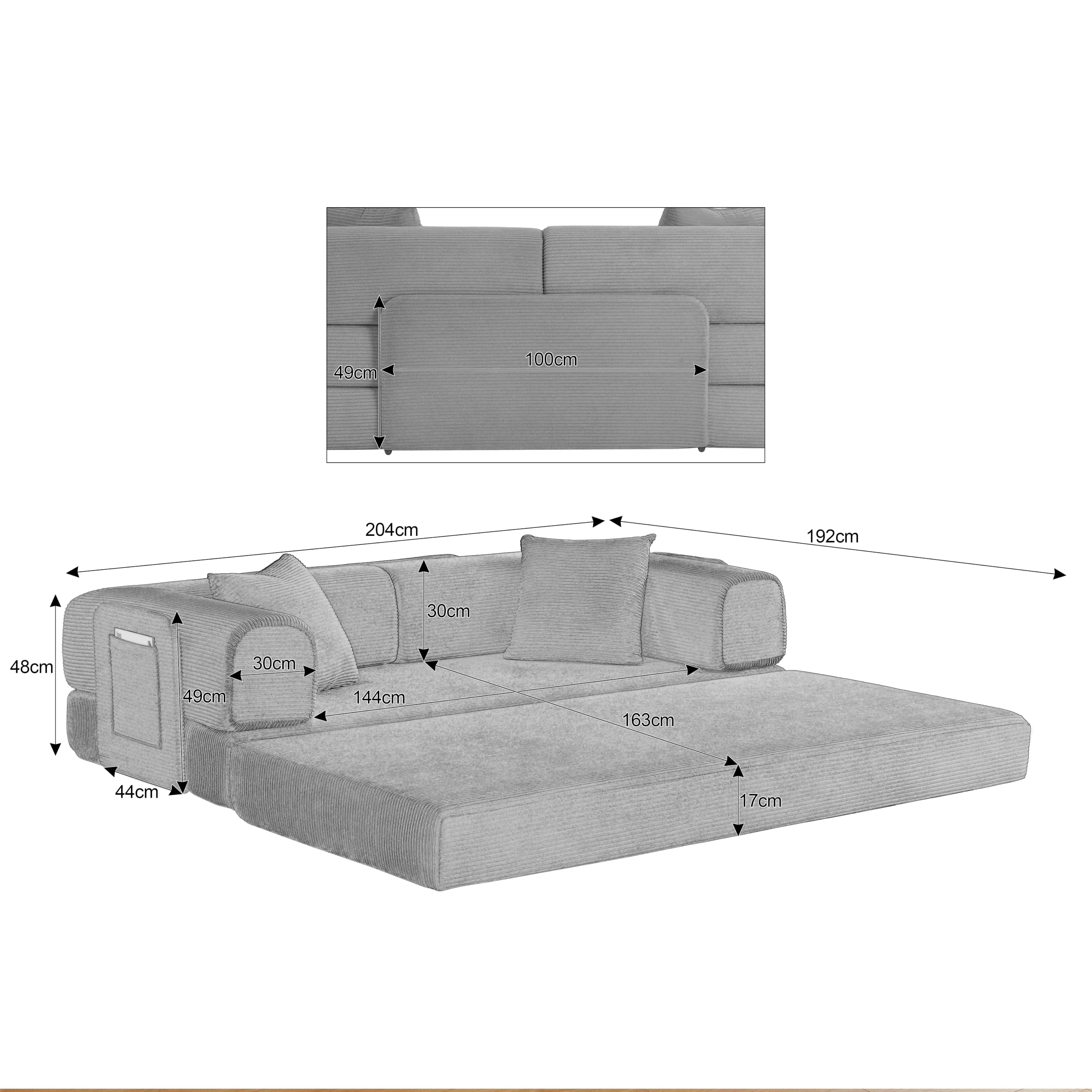 Sofa podłogowa rozkładana sofa modułowa z 2 poduszkami, stalowy stelaż, kolor brązowy