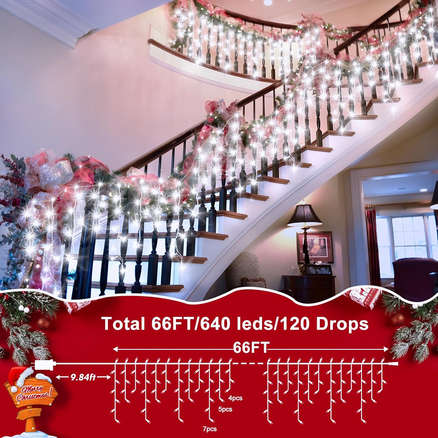 XURISEN 66ft Christmas Lights Decorations Outdoor, 640 LED 8 Modes Curtain Fairy Lights with 120 Drops,Plug in Waterproof Timer Memory Function for Christmas Holiday Wedding Party Decor(Cool White)