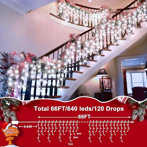 Miniatura 82 de Luces de Navidad de 132 pies para decoración al aire libre, 1280 LED 8 modos de luces de hadas con 240 gotas, temporizador impermeable con función