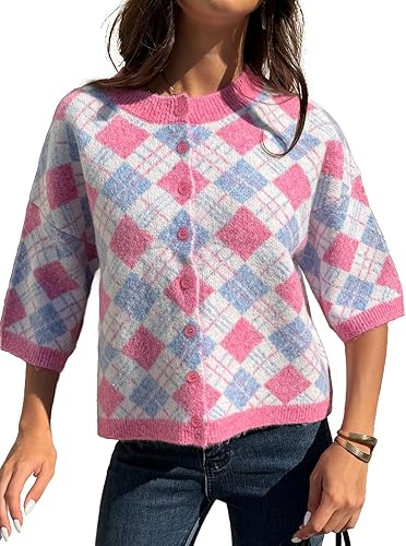 WHATSPOWS Women Wool Knit Cropped Cardigan Sweaters Short Half Sleeve Diamond Pa