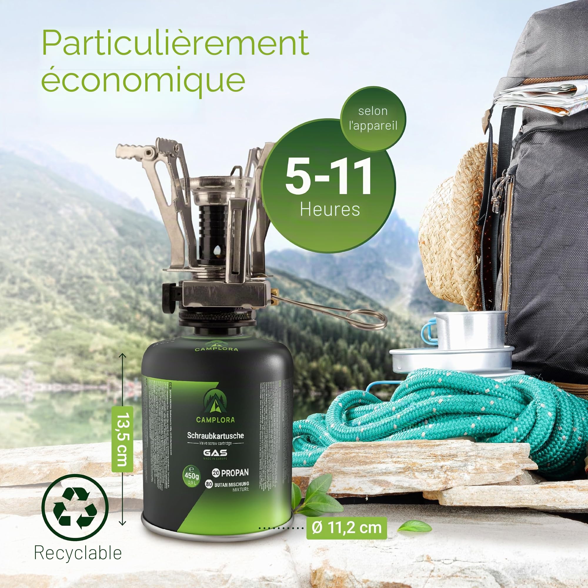 CAMPLORA Lot de 4 cartouches de gaz de 450 g compatibles avec barbecue à gaz Weber série Q100/1000, propane et butane, cartouche à visser avec filetage pour réchaud de camping, cartouches de gaz