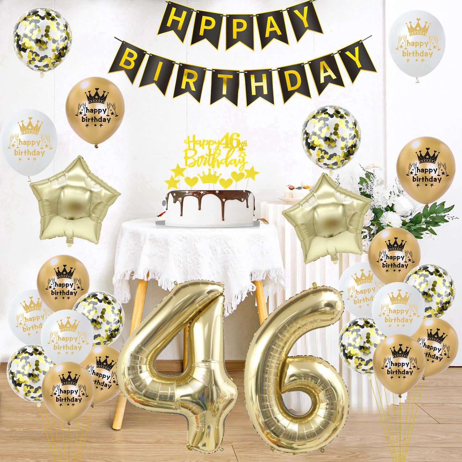 Ouceanwin Palloncini 46 anni Compleanno Donna, Nero Decorazioni 46 anni Compleanno Uomo, Toppers per Torta di Compleanno 46 anni, Compleanno 46 anni Addobbi per Uomo Donna Decorazioni Festa