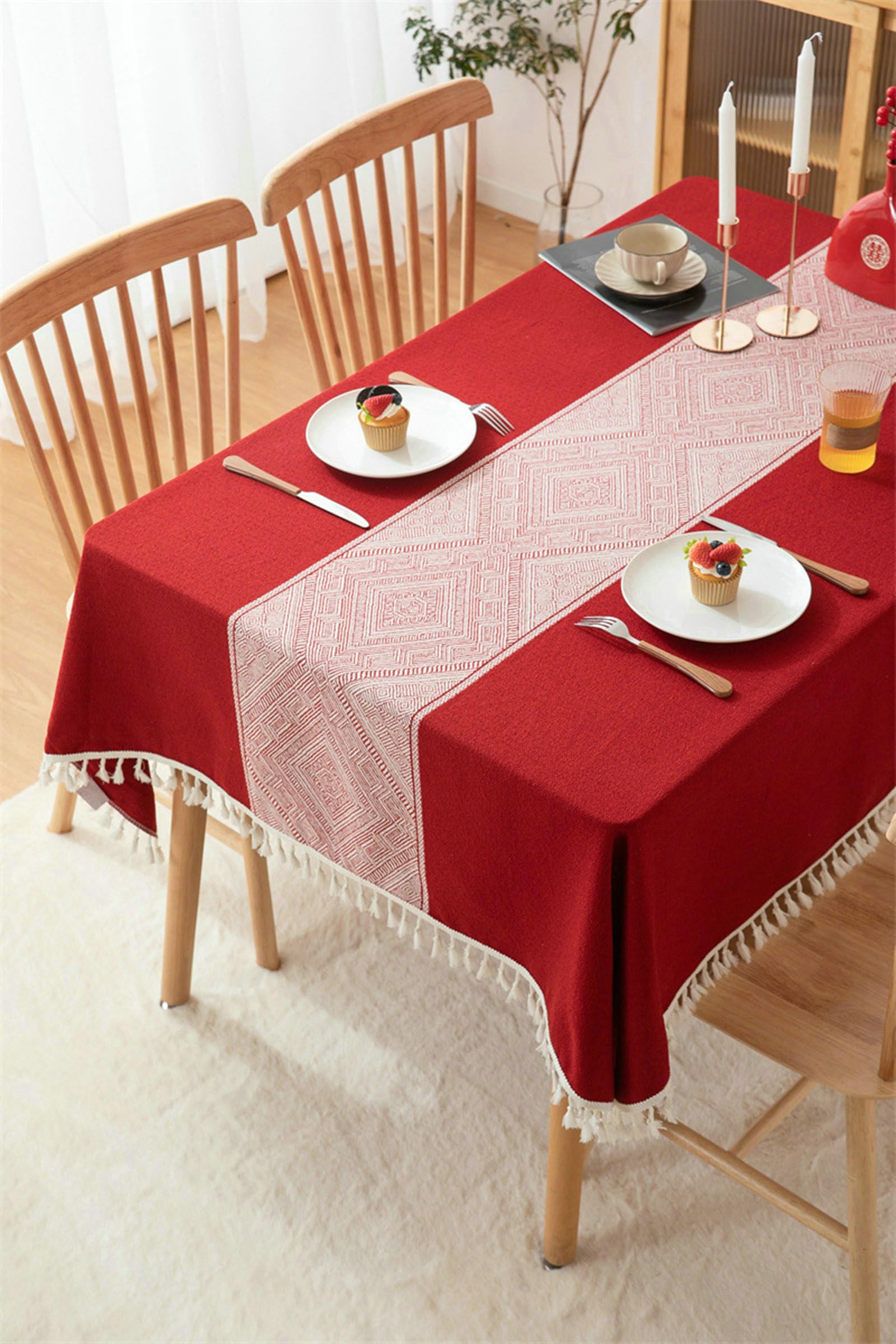 Dunkel Rot Tischdecken Rechteckig 140x300 Polyester Tischdecke Unterlage rutschfest Geometrischer Jacquard Mit Quasten Dauerhaft für Wohnzimmer