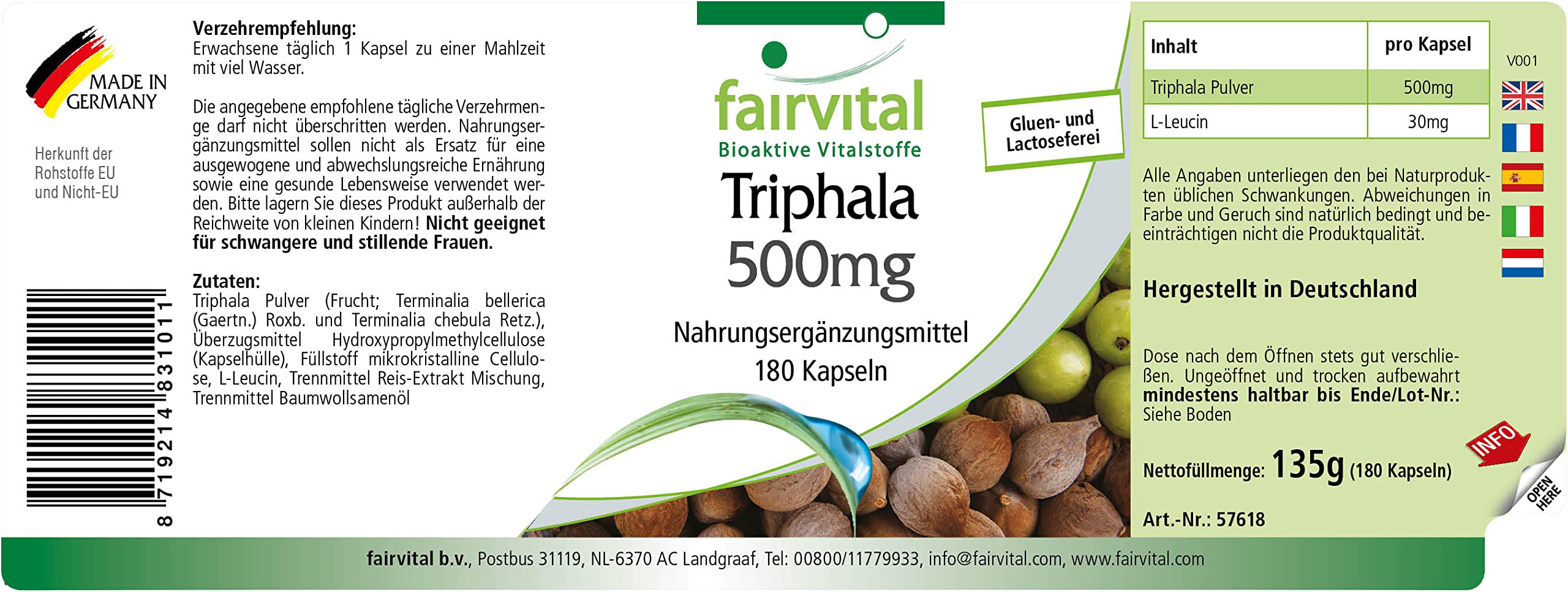 fairvital Triphala 500 mg, 180 capsule vegane, tripla frutta ayurvedica, Amalaki, Haritaki, Bibhitaki, qualità testata e ad alto dosaggio, Made in Germany