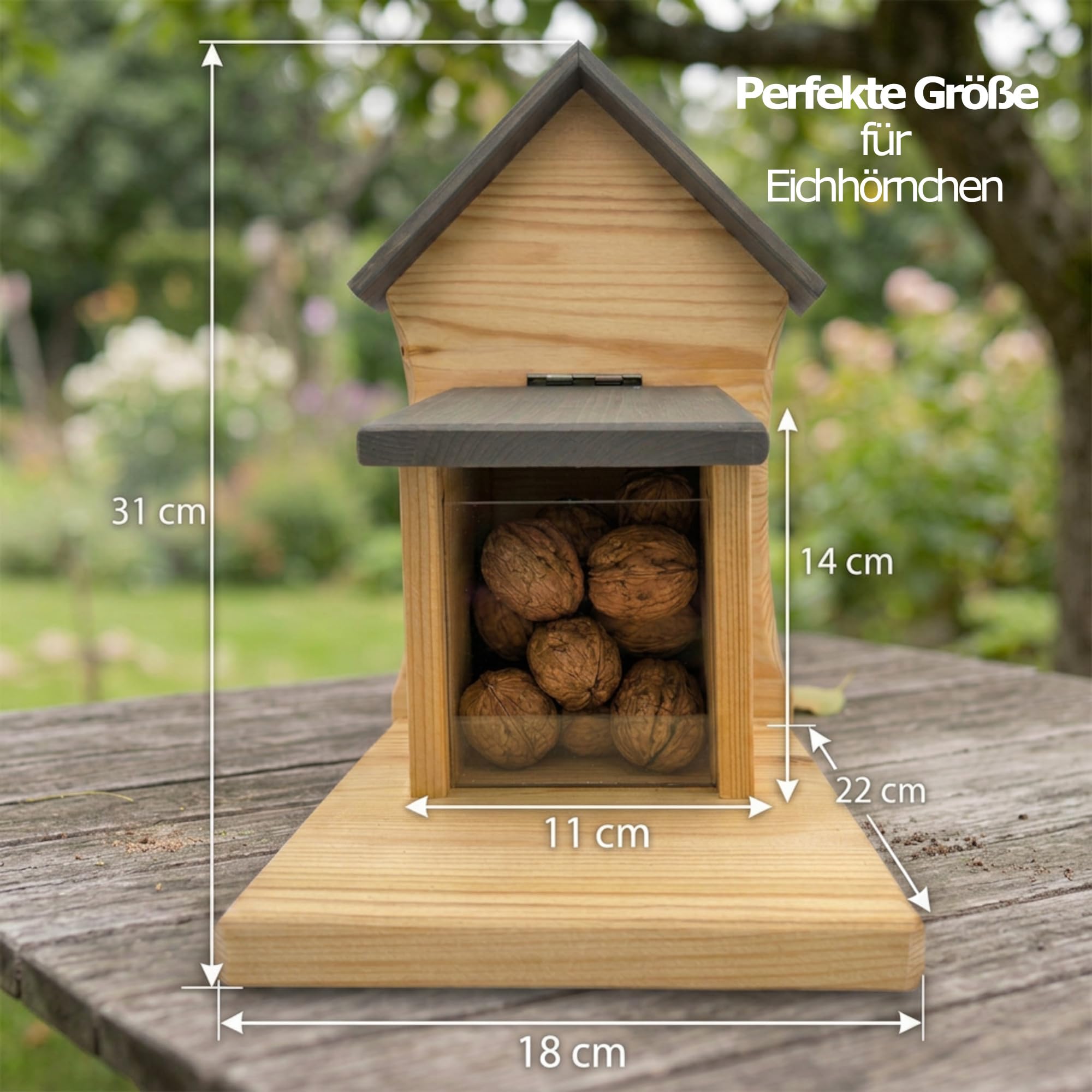 DAdie Eichhörnchen Futterhaus - Wetterfeste und Robuste Eichhörnchen Futterstation - zum Hängen oder Stellen - Robust Dank 2cm dickem Holz - vormontierte Aufhängung