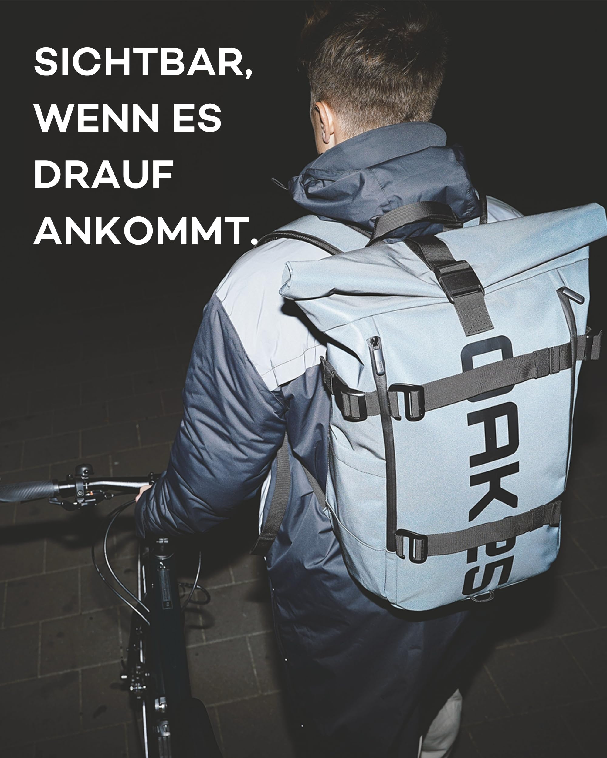 OAK25 Reflektierender Rolltop Rucksack Damen & Herren Schwarz - Luminite Rolltop - Roll Top Backpack für Arbeit Uni Fahrrad - Laptopfach bis 16 Zoll - Tagesrucksack 23L Reflektierend