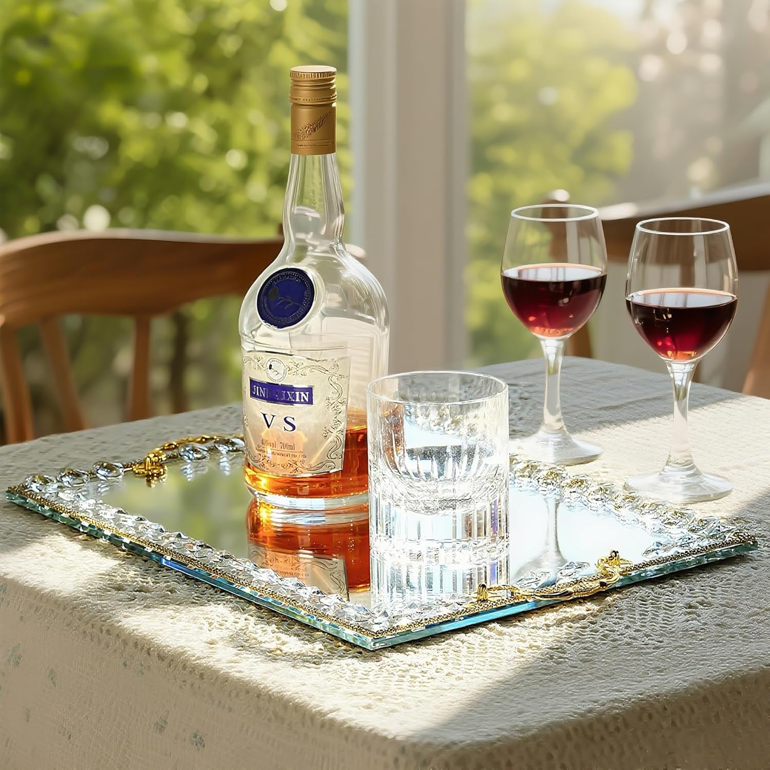 kanpura Large Crystal Tray Modern Glass Mirror Jewelry Trinket Trays with Diamond, 14.7" x 10.8" Rectangular Makeup Perfume Tray for Bathroom Bedroom, Hotel Banquet, Party (Golden)