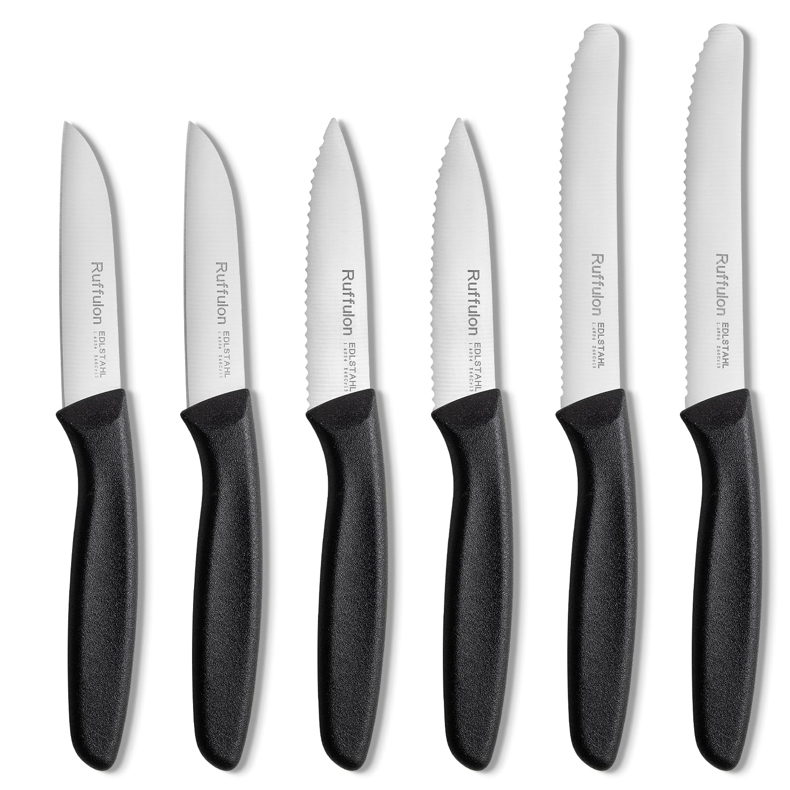 Ruffulon Paring Knife,Set of 6,Premium Kitchen Knife Sets,Stainless Steel Straight Edge&Serrated Knife,Black Paring Knifes,Extra Sharp Vegetable&Fruit Knive,Sturdy PP Handle Kitchen Knives Set