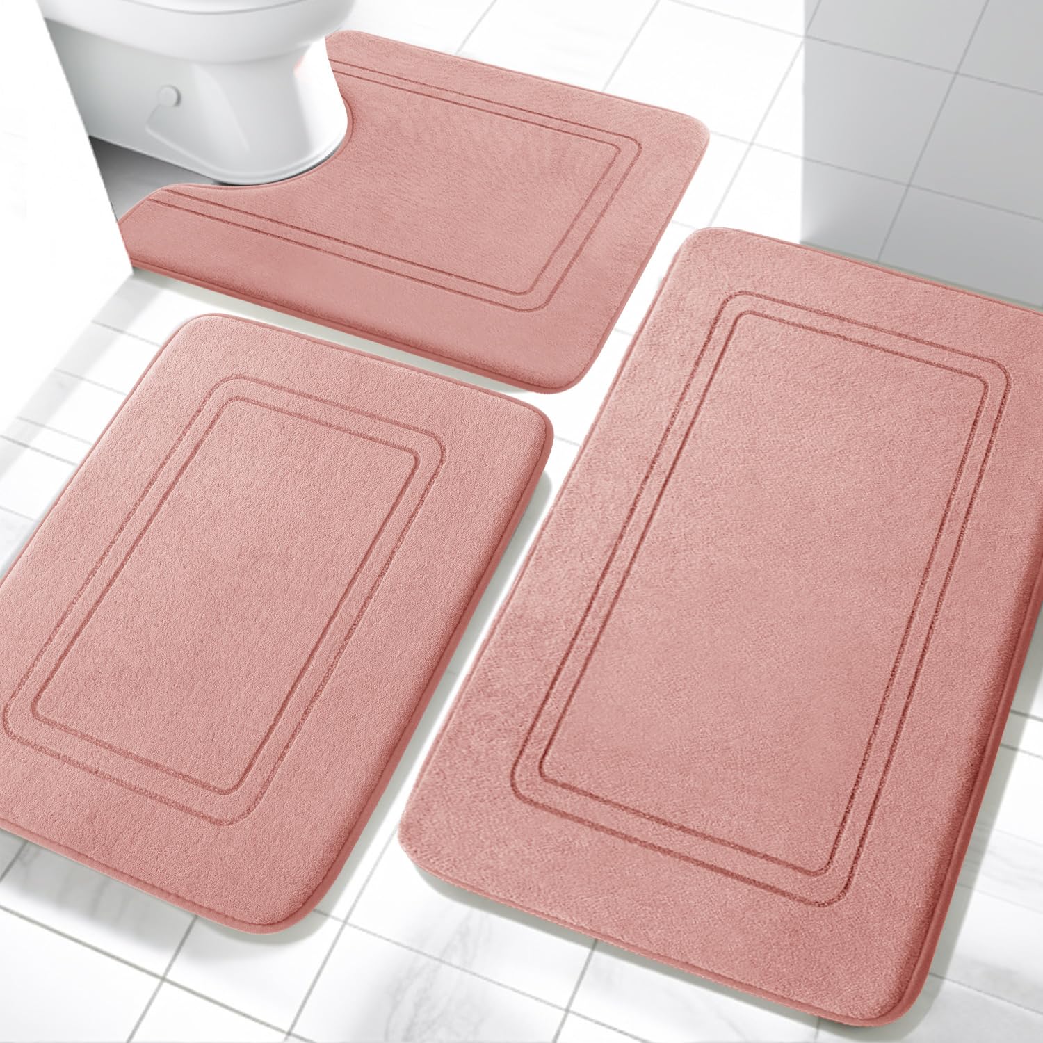 YIHOUSE Memory Foam Bath Mat Set, Bathroom Rugs Sets 3 Pieces, Non Slip Bath Mats for Bathroom, Super Soft and Water Absorbent Bath Rug Set, Machine