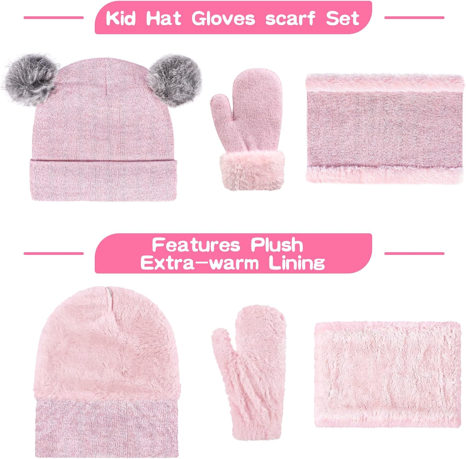 Kid Beanie Hat Scarf Gloves Set Warm Knit Beanie with Pom Poms Neck Warmer Mittens for Boys Girls 3-7 Years - Image 4