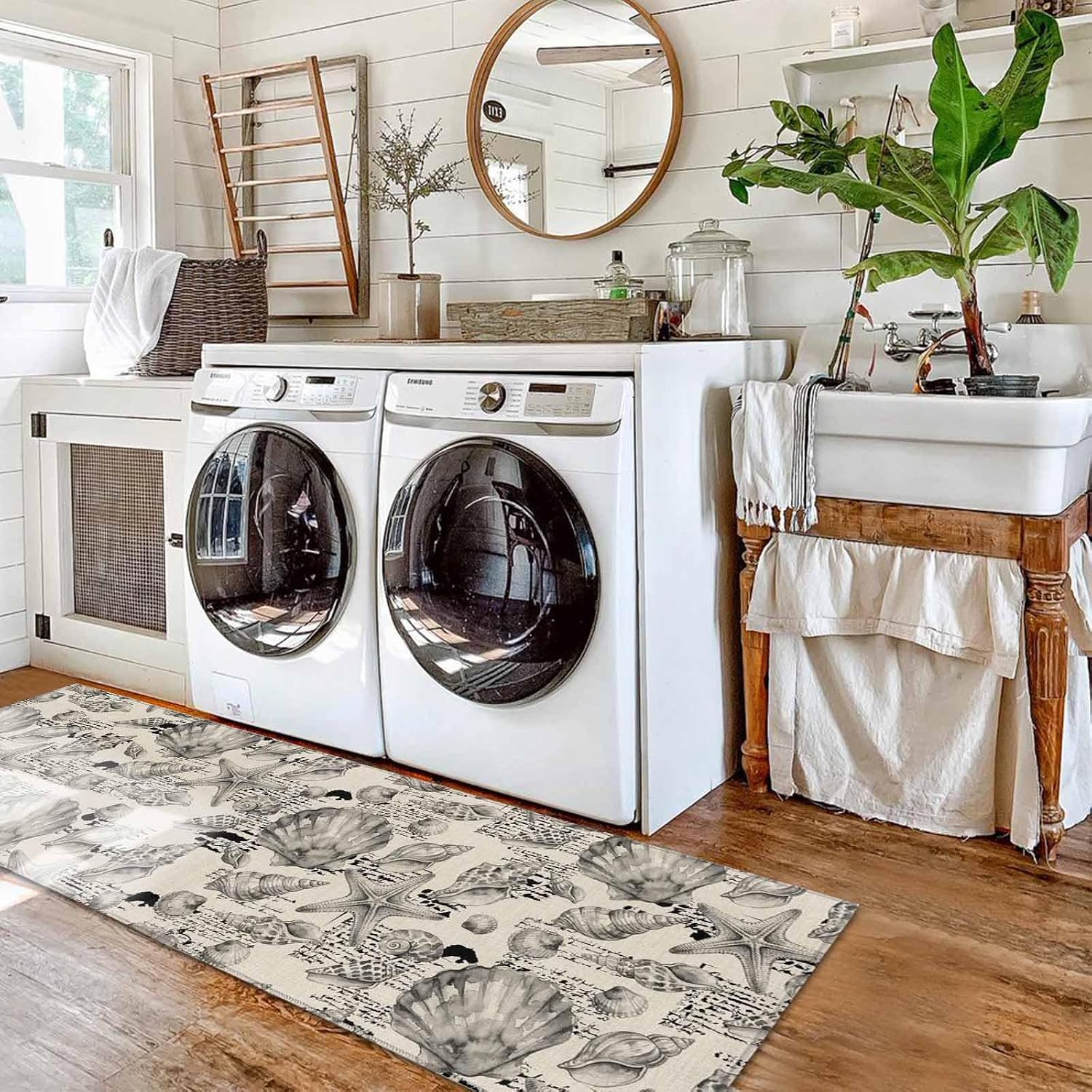Kitchen Mats for Floor Summer Ocean Shell Starfish Washable Non Slip Kitchen Rugs 2PCS, Retro Farmhouse Beige Absorbent Standing Mats for Sink Bathroom Office Living Room 15.7x23.6in+15.7x47.2in