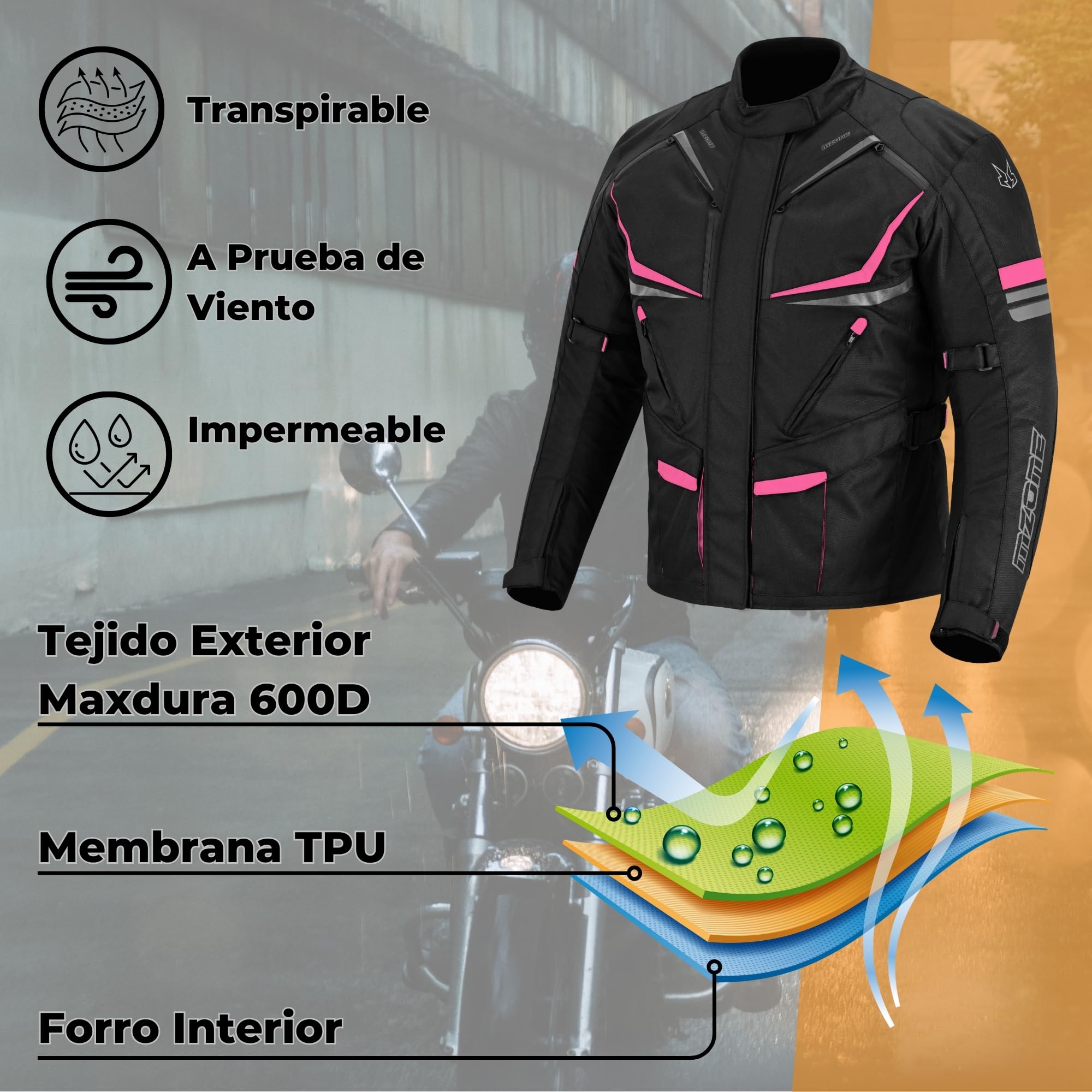 Chaqueta Moto Mujer 4 Estaciones Impermeable y Transpirable con Protecciones Incluídas y Forro Extraíble