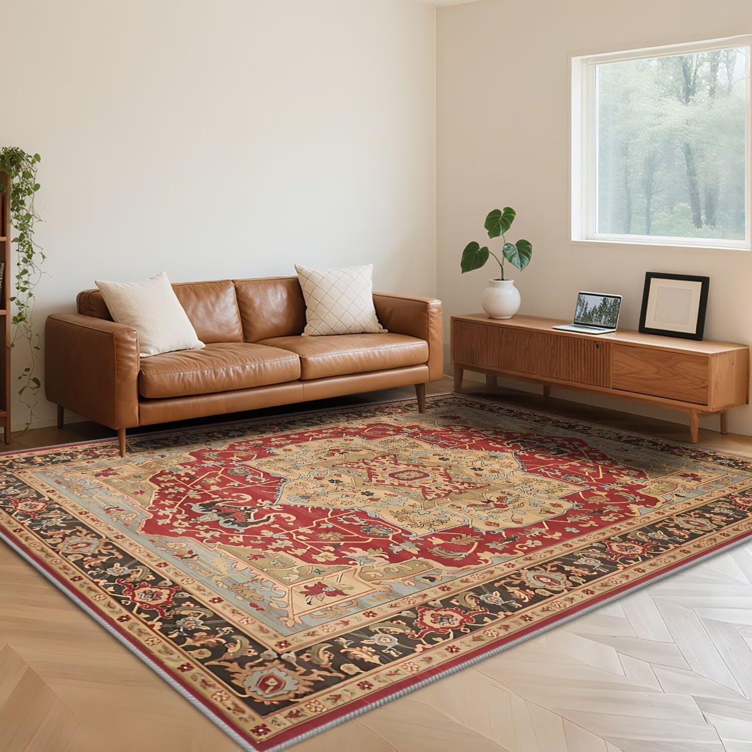 Tapis de salon rouge rétro 180x250 cm grand tapis traditionnel doux lavable