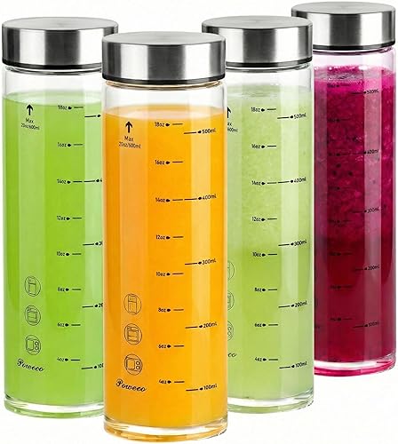 Miniatura 7 de Botellas de vidrio para jugo, paquete de 4 botellas de agua de vidrio de boca ancha con tapas, para jugos, proteínas, licuados, leche, 4-Paquete