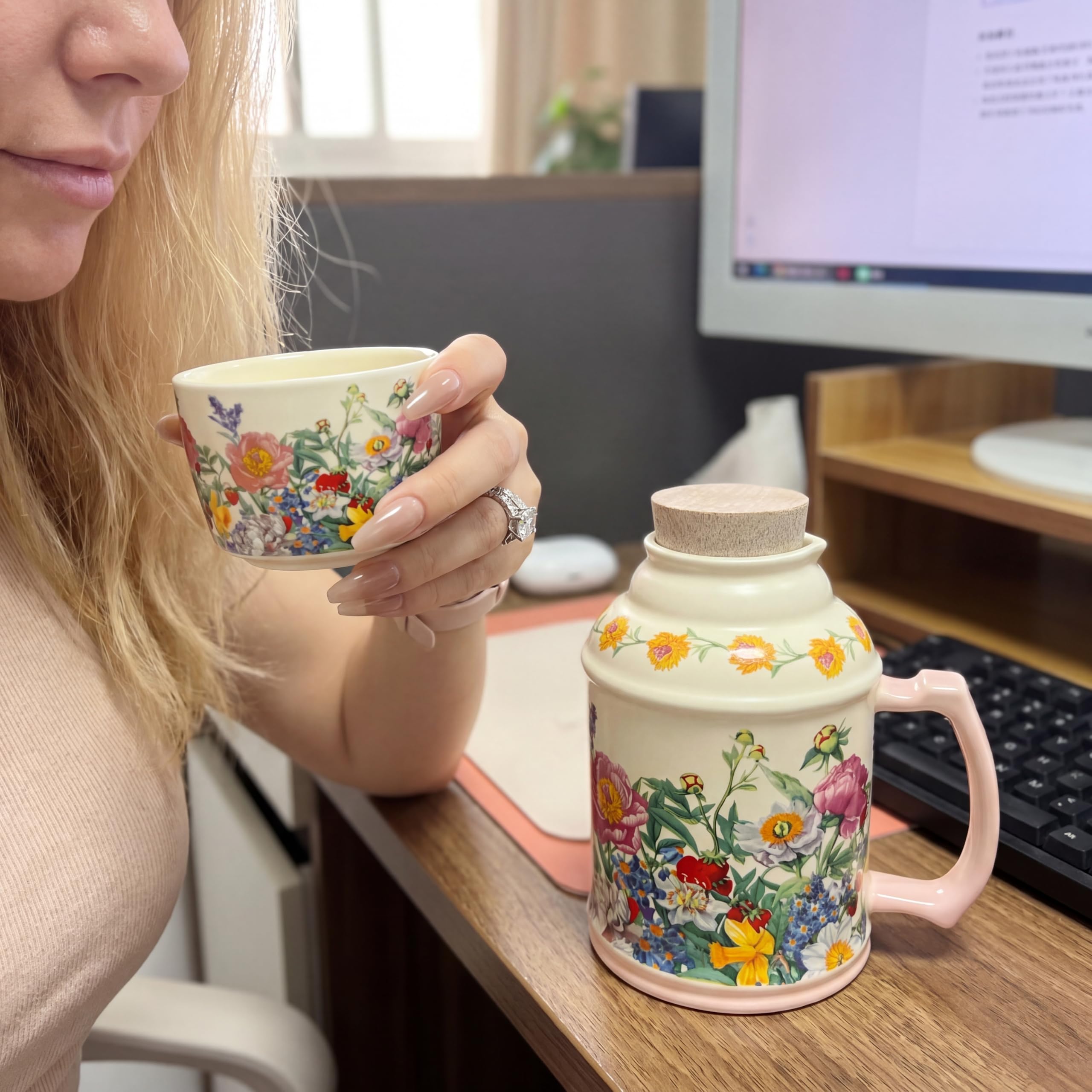 OHAANYY Teiera Vintage in Porcellana 650 ml, Set da Tè 2 in 1 con Tazza (Coperchio Rimovibile), Servizio da Tè Singolo per Casa e Ufficio, Idea Regalo (Fiori Freschi)