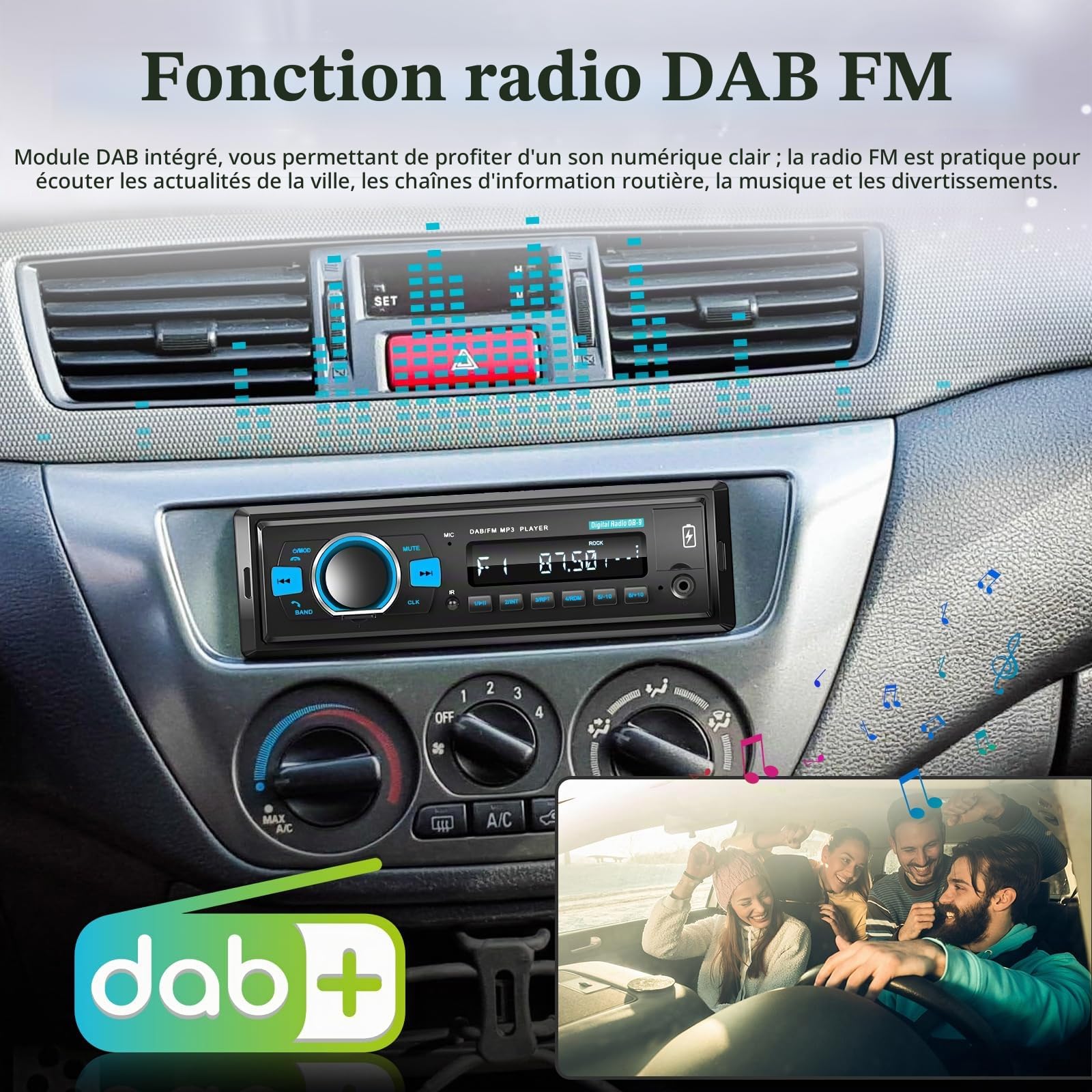Autoradio Dab 1 Din avec Bluetooth 5.0 / EQ Audio/Appel Bluetooth/Radio FM/Charge USB/éclairage des Boutons/Port Carte TF SD/AUX-in, autoradio Single din + télécommande SWC