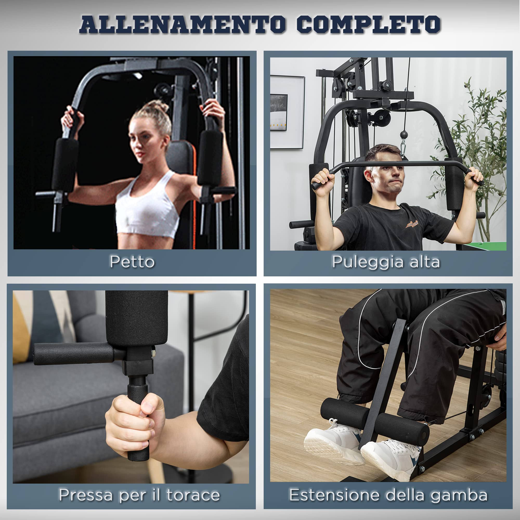 HOMCOM Palestra Multifunzione per Allenamento a Casa e Professionale, Stazione Fitnes in Acciaio con Pesi da 45kg, 135x103x200cm, Nero