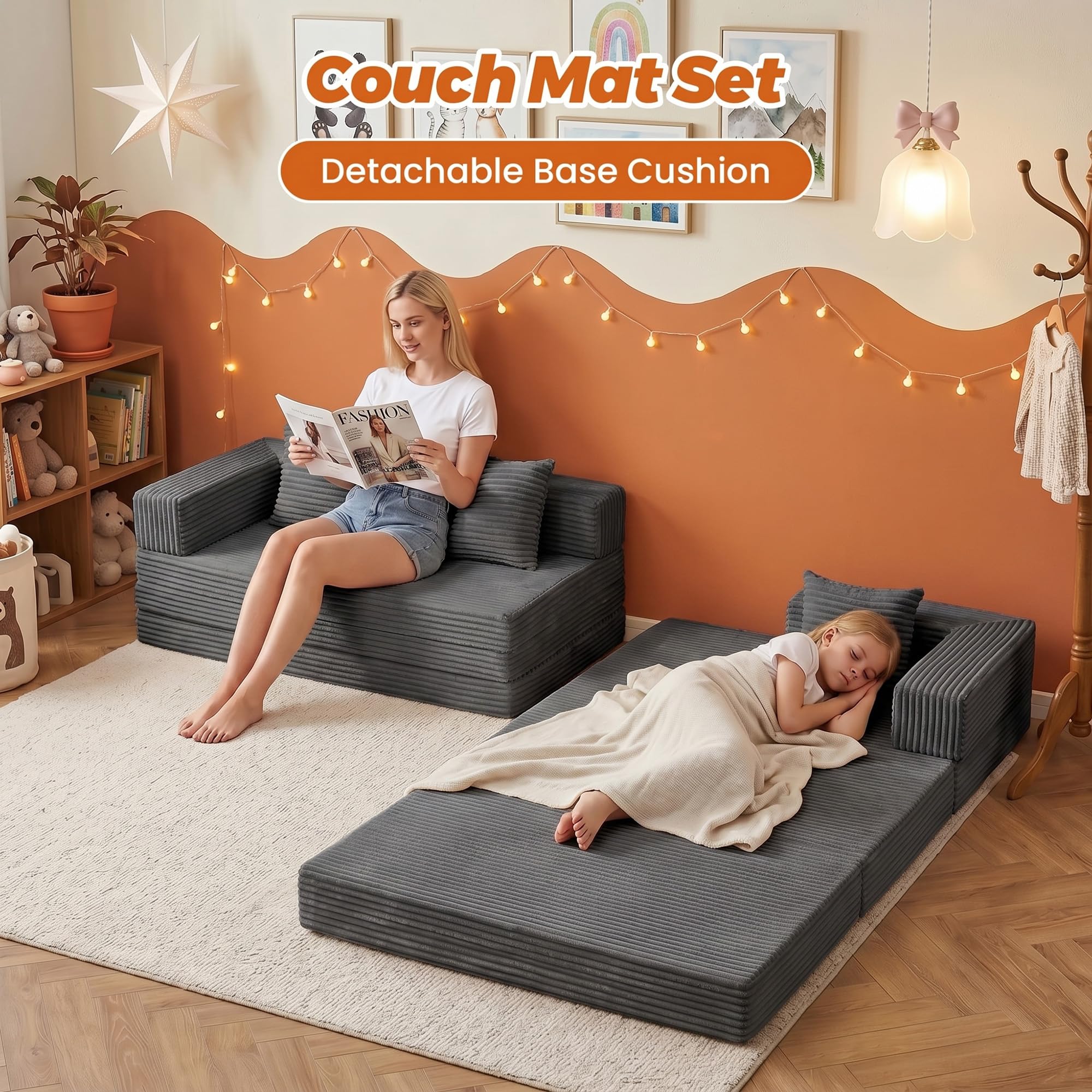 6-in-1 Tri-Folding Mattress | Cloud Boneless L-Shaped Modular Sectional Couches | Corduroy Pet-Friendly Convertible Futon Sofa Bed with 800LB Capacity Apartment, Guest Room, Game Room