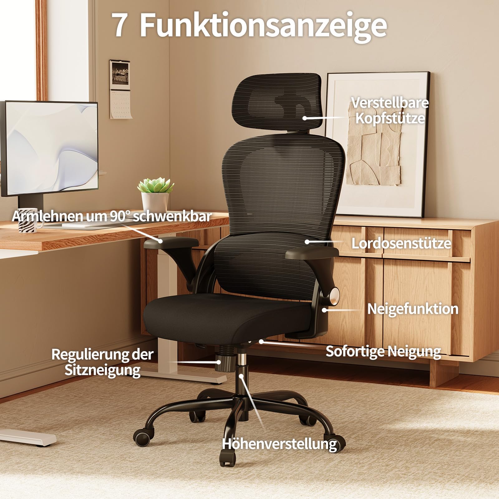 TRALT Ergonomischer Bürostuhl - Schreibtischstuhl mit Verstellbare Kopfstütze Höhenverstellbarer Bürostuhl Büro Stuhl - Office Chair Ergonomic Desk Chair - Gaming Stuhl 150kg für Lange Zeit Schwarz