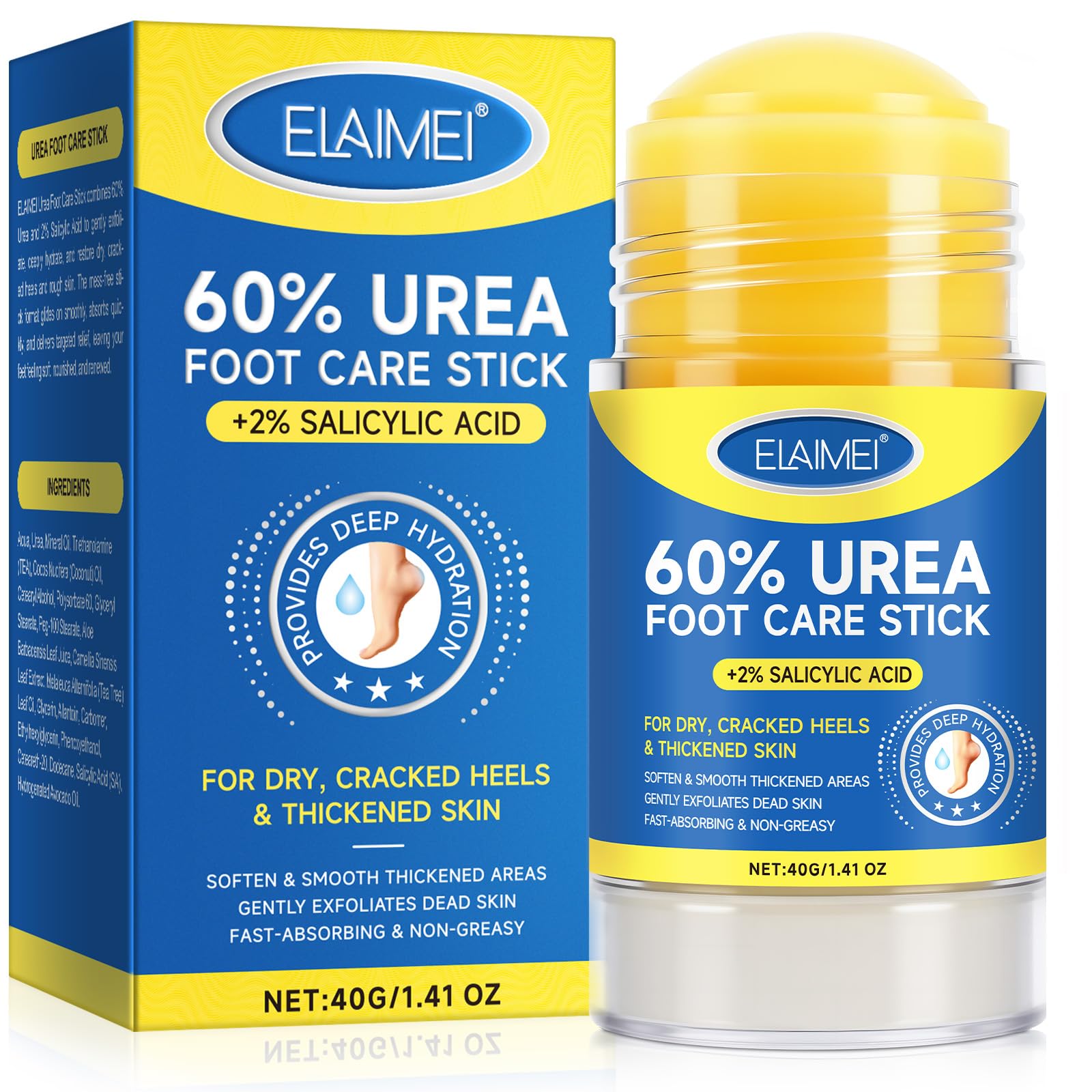 Bâton Réparateur Pieds à l'Urée 60% et Acide Salicylique 2% – Soin Intensif pour Talons Fendillés, Peau Très Sèche et Rugosités – Stick Hydratant à Absorption Rapide, sans Effet Gras – Format Nomade
