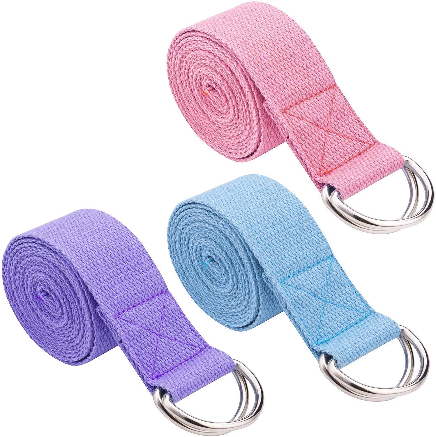 serveuttam Yoga Strap Durable Polyester Cotton Yoga Exercise Adjustable Straps 6 ft with Durable D-Ring for Stretching, General Fitness, Flexibility and Physical Therapy, 3 Pieces, Multicolour