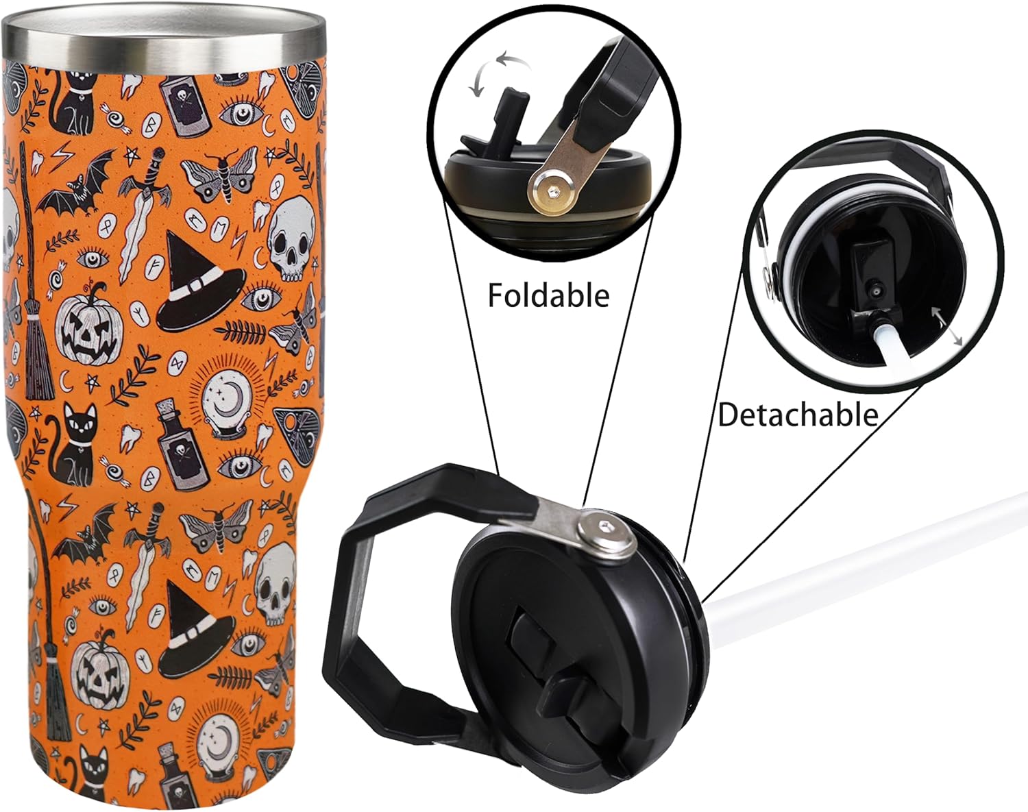 30oz Halloween Tumbler with Handle and Straw, Goth Black Cat Insulated Tumbler, Pumpkin Bat Skull Leak Proof Travel Coffee Mug, Reusable Stainless Steel Witch Tumbler, Halloween Gifts for Women - Image 6
