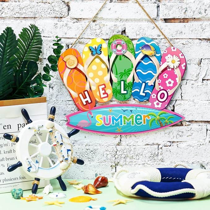 Cartel de madera colgante Hello Summer multicolor miniatura 2