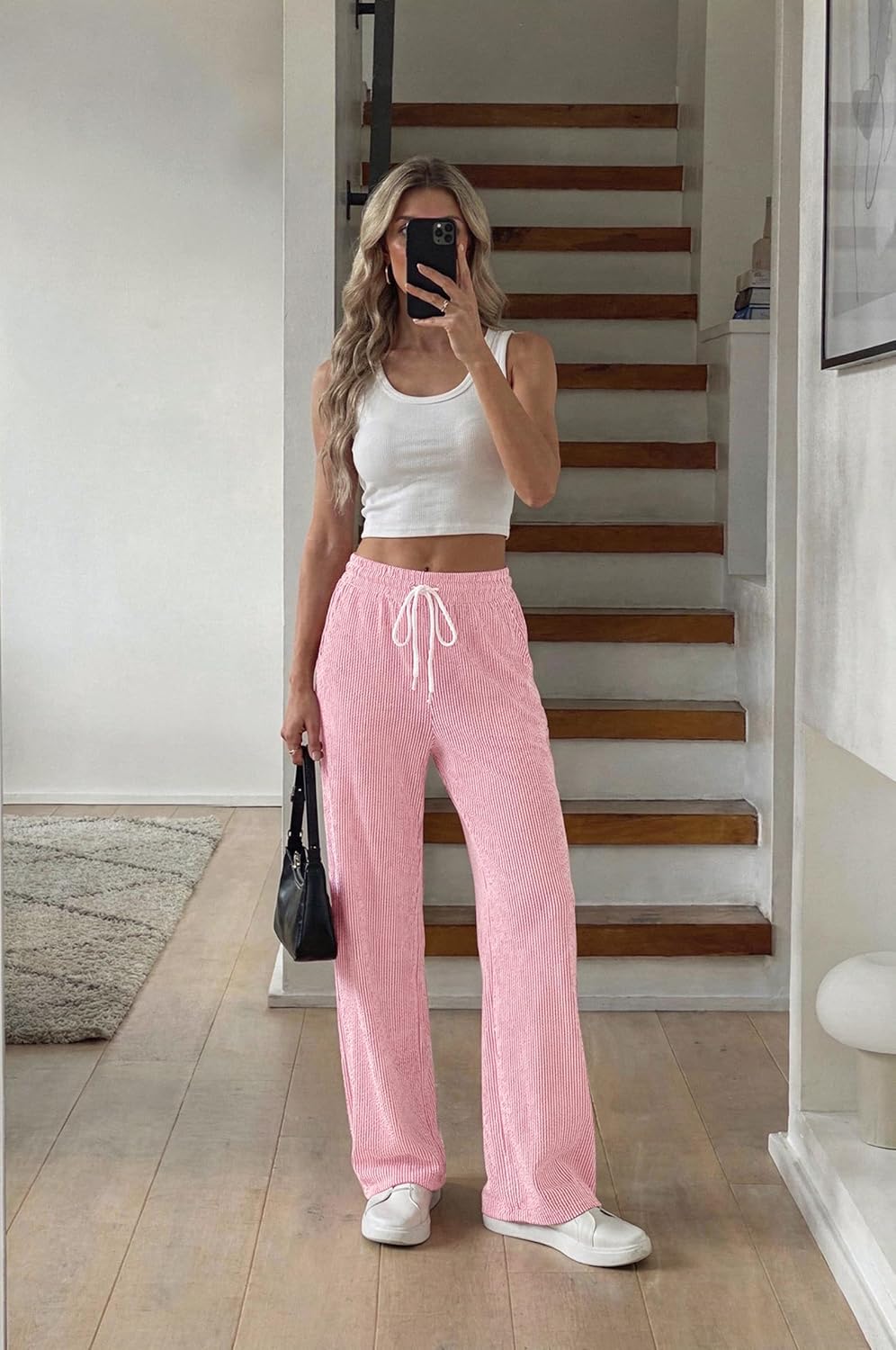 Sarin Mathews Wide Leg Casual Pants for Women High Waisted Cotton Jacquard Drawstring Loose Lounge Work Pants with Pockets - Image 3