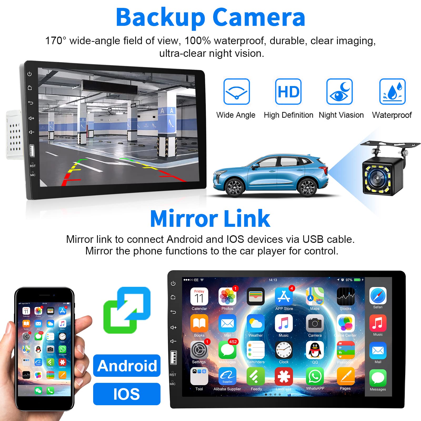 Podofo Autoradio Bluetooth 1 Din Compatibile con Apple Carplay Android Auto 9 Pollici Schermo Stereo Auto Radio con AM FM SWC Enlaces Espejo + Telecamera Posteriore