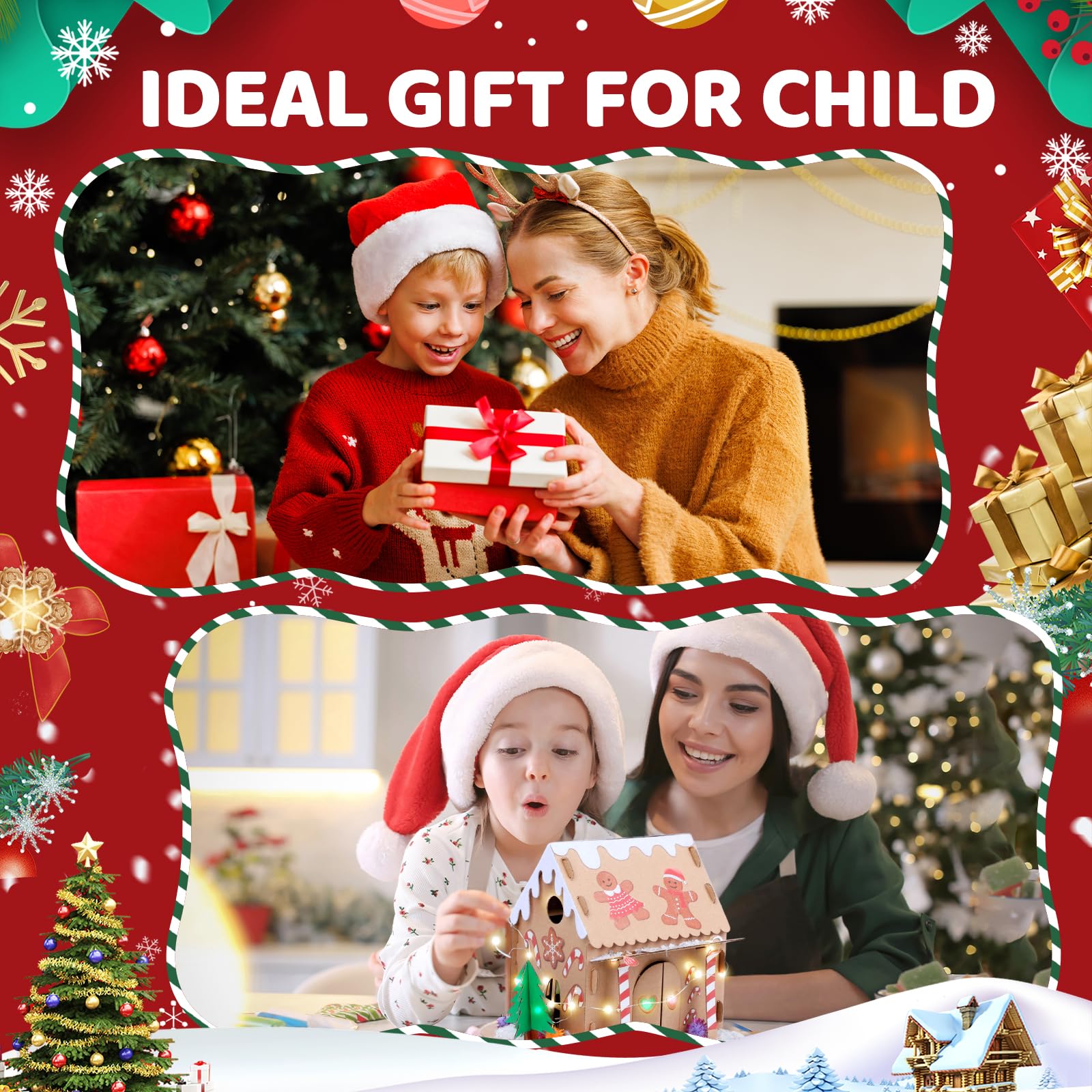SAYAYA 10 juegos de casa de jengibre de Navidad LED a granel DIY tu propia casa de jengibre de Navidad con pompones, calcomanías, cuerdas de luz, bolígrafos kit de manualidades para Navidad