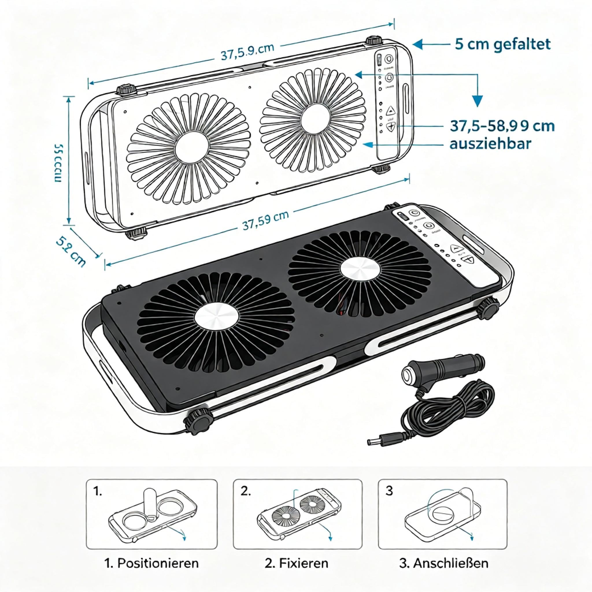 Ausziehbarer Wohnmobil-Dachfensterventilator, 12 V Gleichstrom, zweireihig, Kühlung, Belüftung, 4 Geschwindigkeitsstufen, verstellbares Kabel für Wohnwagen, Anhänger, Weiß oder Schwarz (Schwarz)