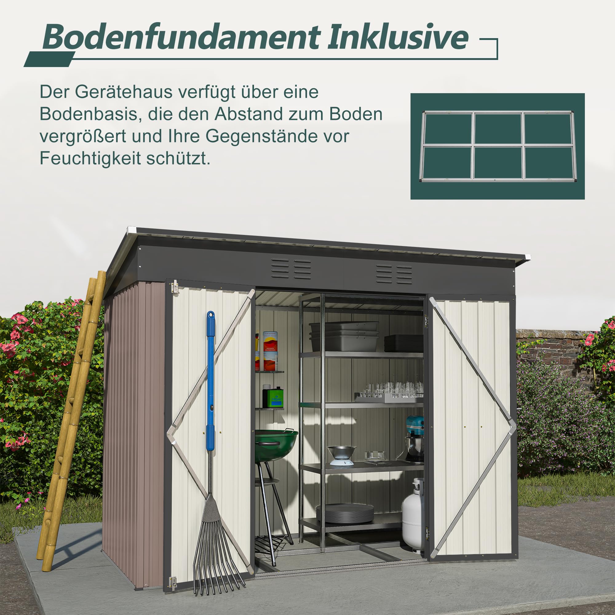 Metalowy domek na narzędzia, 229 x 111 x 182 cm – odporna na warunki atmosferyczne szopa na narzędzia z fundamentem i dachem spadzistym, metalowy domek ogrodowy jako garaż rowerowy i domek na