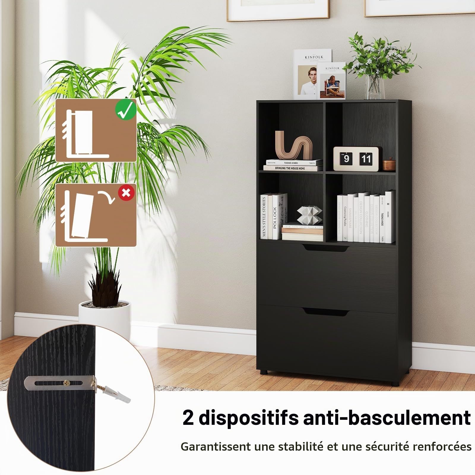 KOMFOTTEU Bibliothèque Bois 4 Cubes avec 2 Tiroirs, 70x33,5x130 cm, Noir