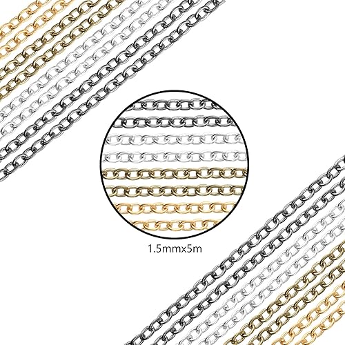 Miniatura 3 de 406 cadenas de joyería para fabricación de joyas de 39.4 pies de eslabones dorados, plateados, bronce, negros, 320 anillos de salto, 80 cierres de